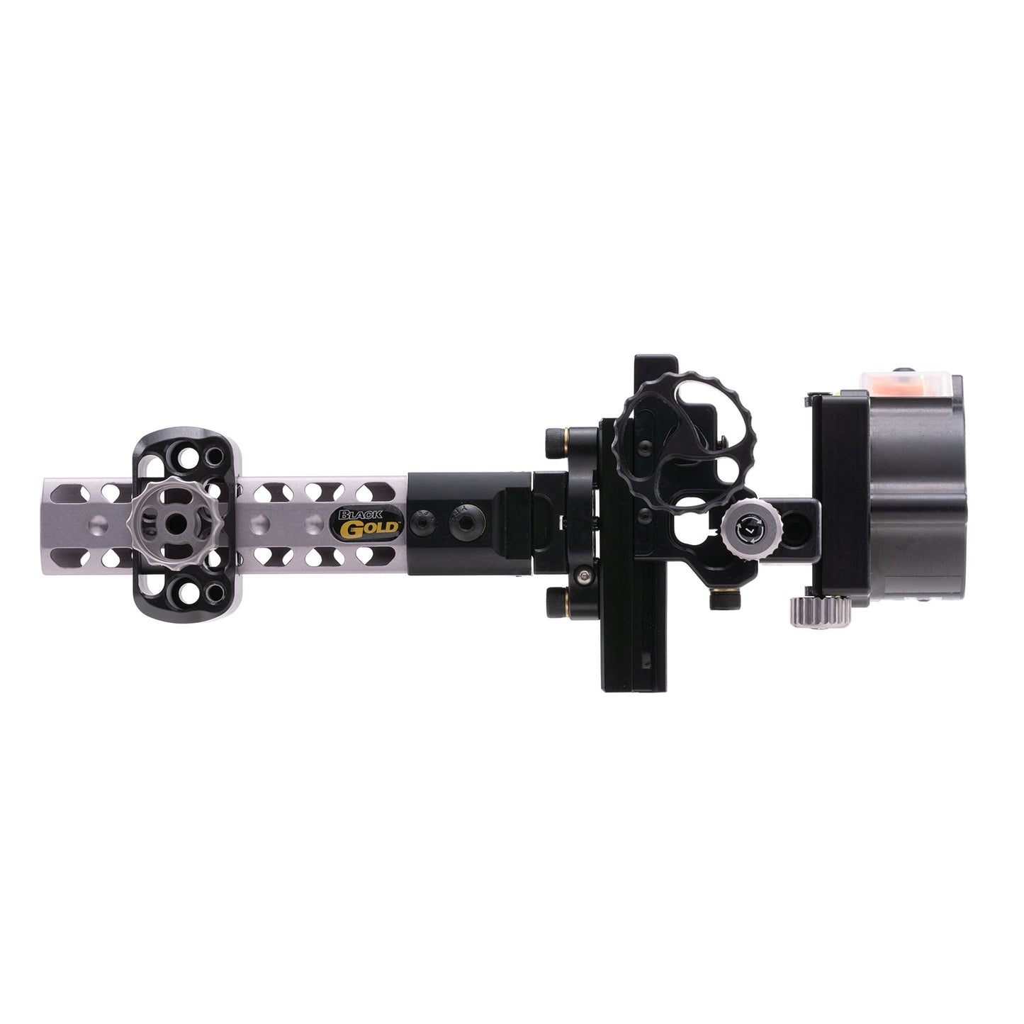 Black Gold Dual Trac bow sight, side view, black and silver
