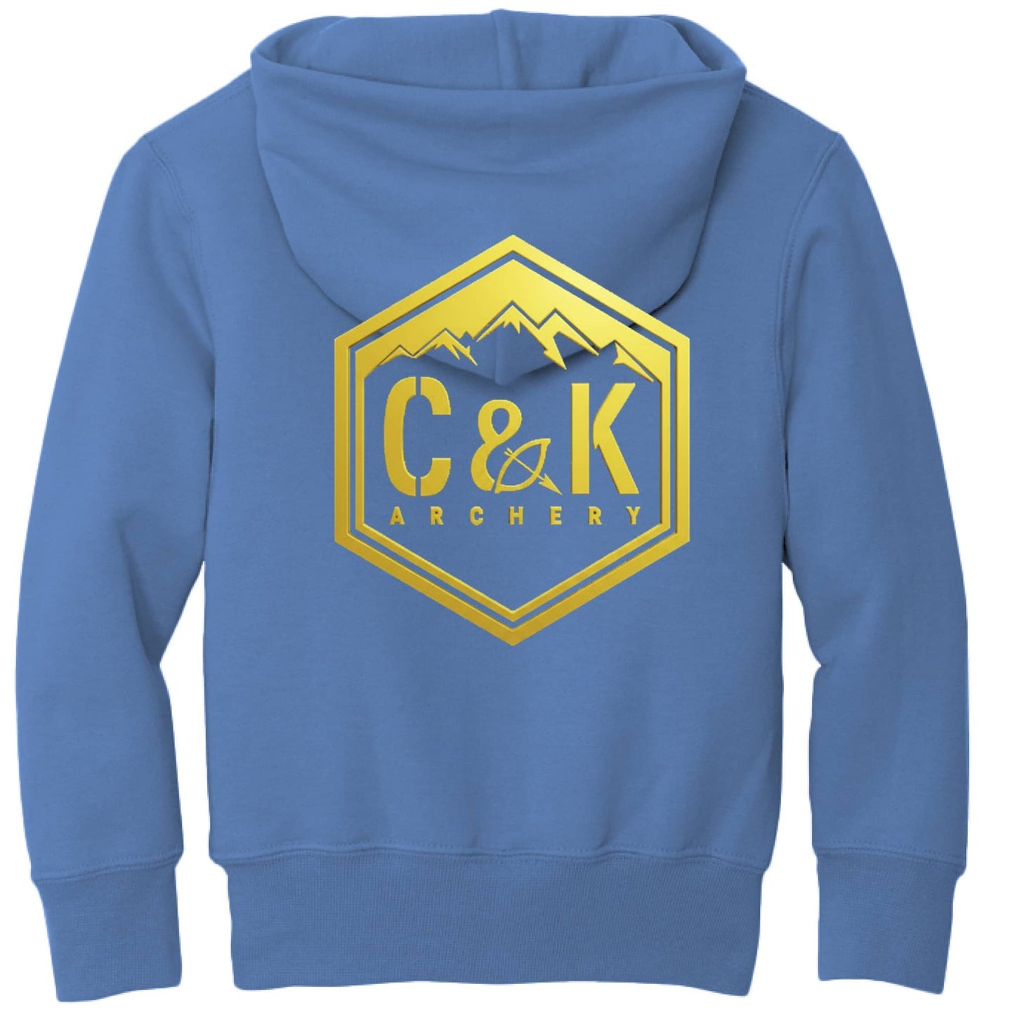 Blue kids archery hoodie with gold C and K Archery mountain logo on back