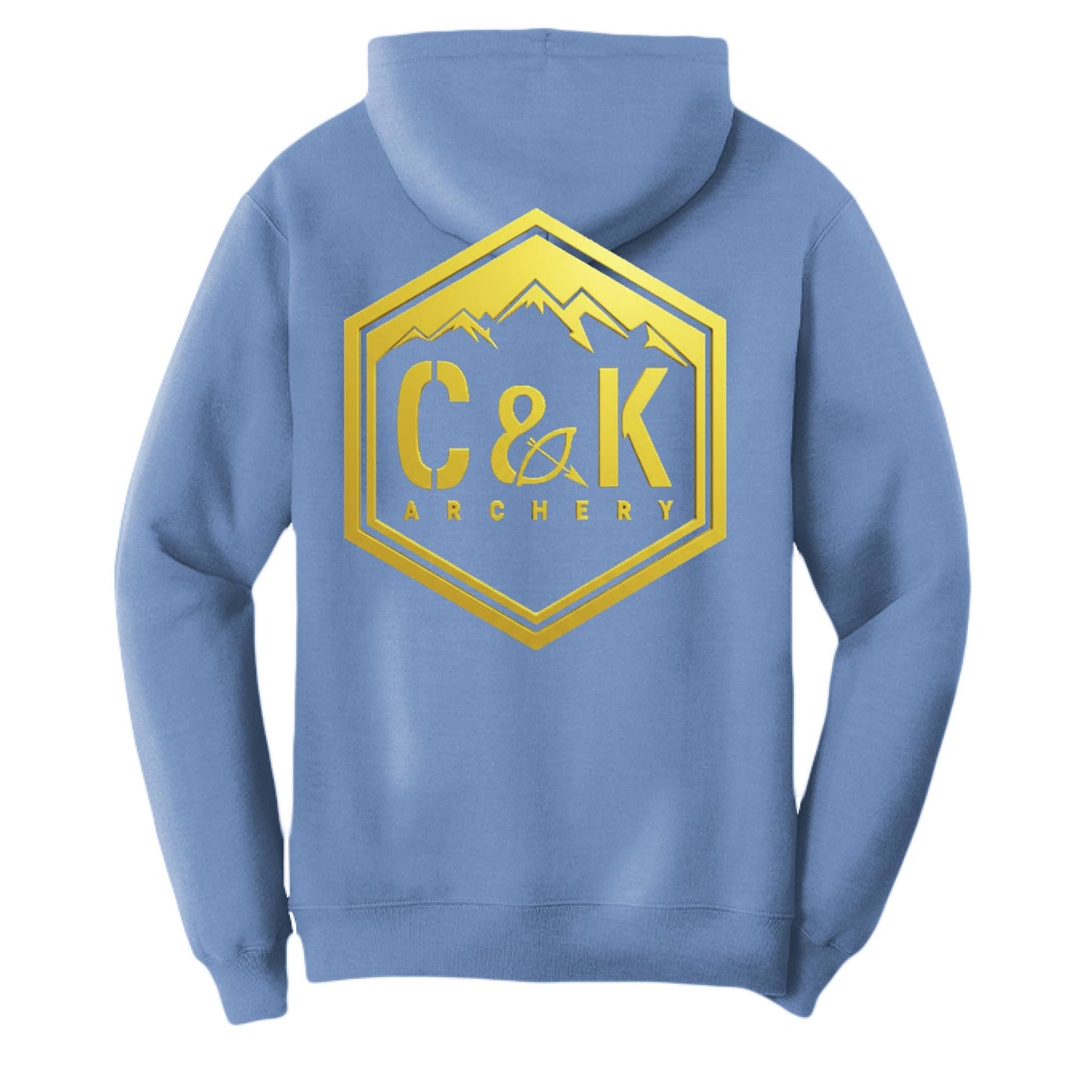 C and K Archery logo hoodie in blue with gold mountain design on the back