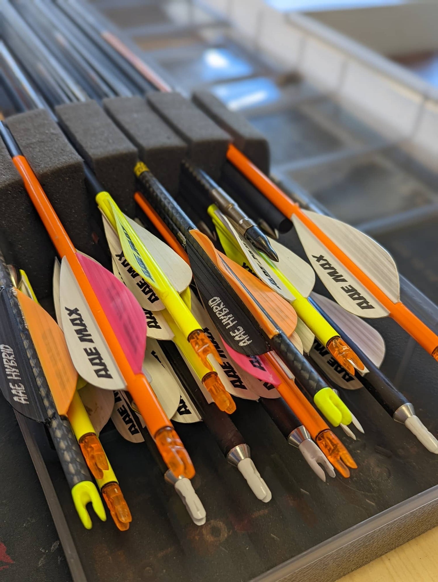 C and K archery arrows for sale with colorful fletching, side view