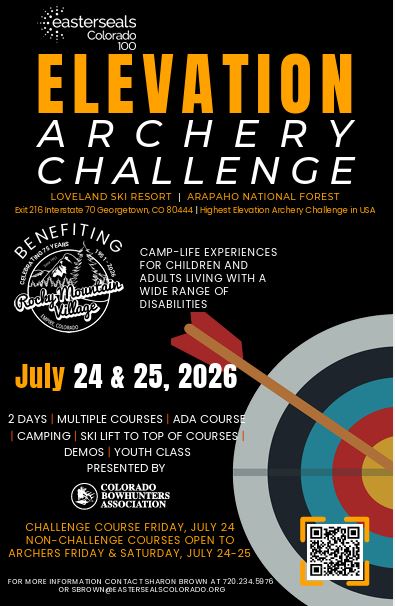 Promotional poster for Elevation Archery Challenge event at Loveland Ski Resort, benefiting Colorado Mountain Villages.