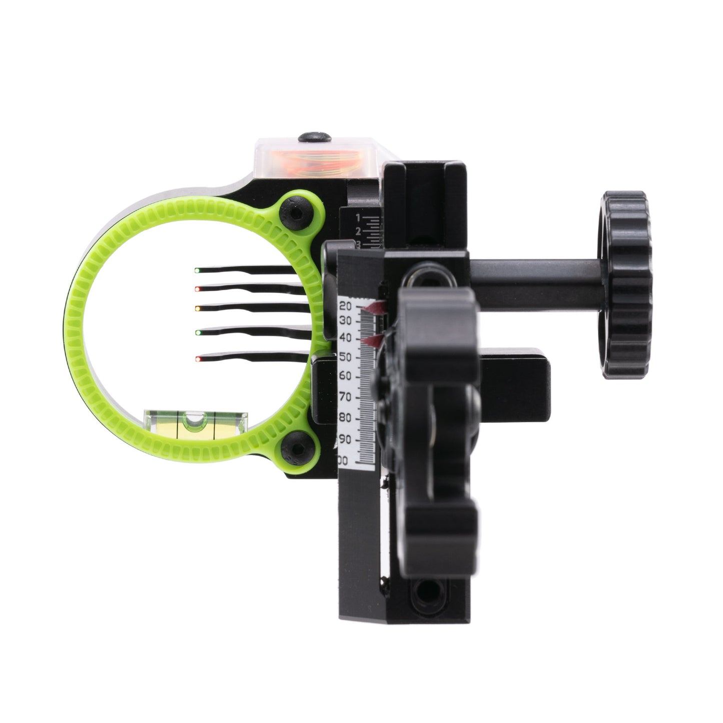Black Gold Ascent Mountain Lite bow sight side view with green ring and adjustment knobs
