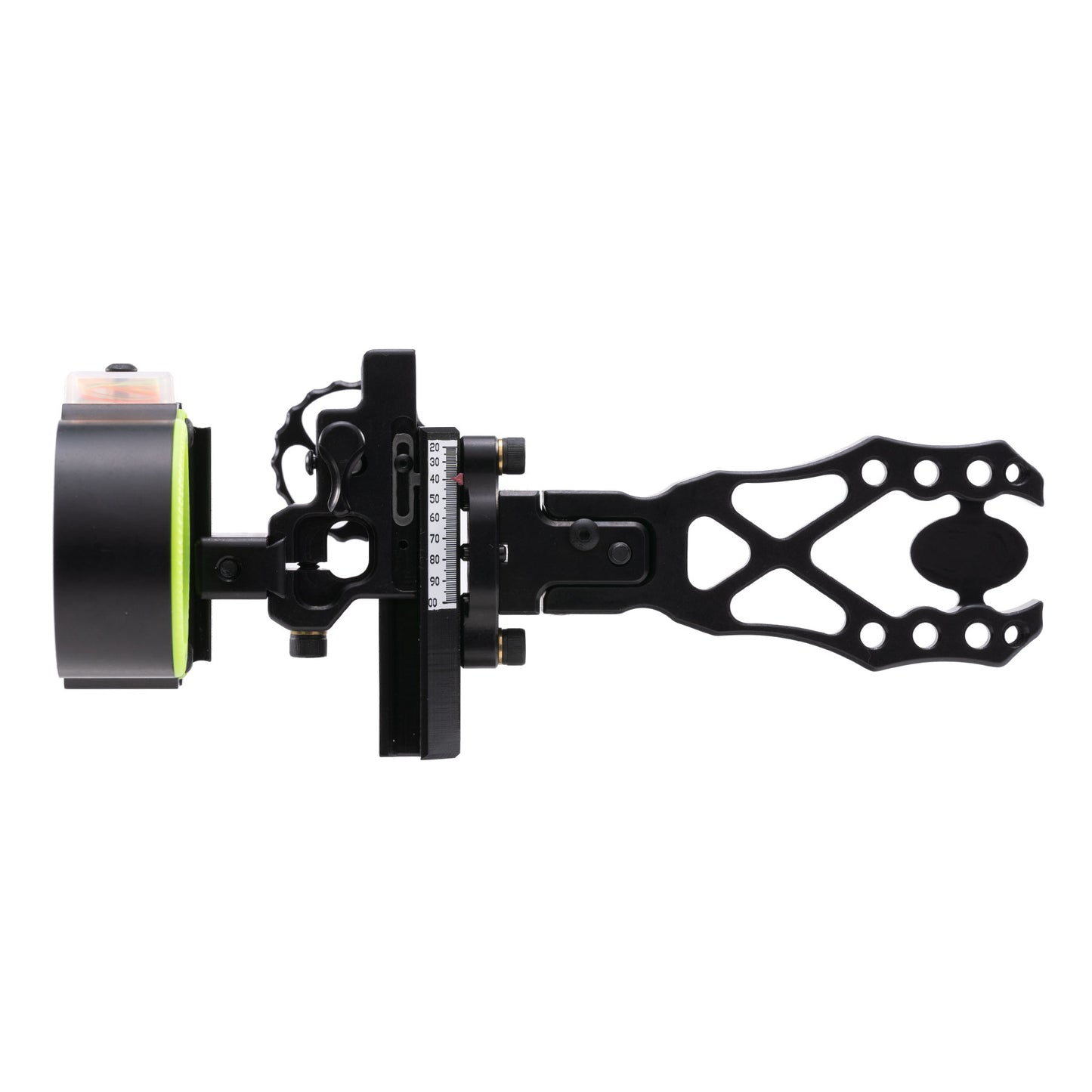 Black Gold Ascent Verdict bow sight, side view, black with green accents