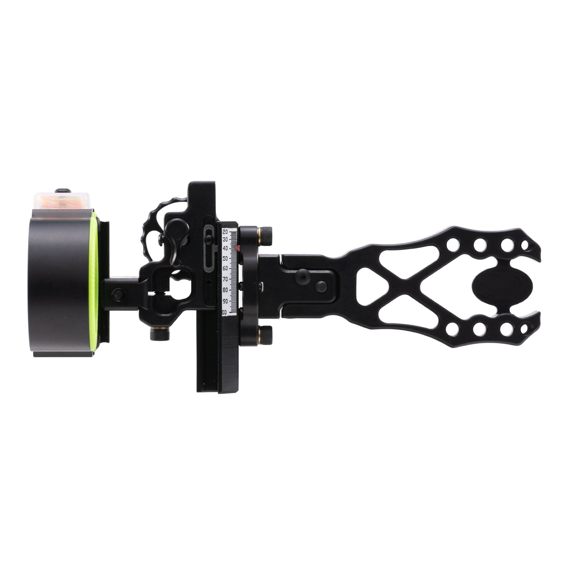 Black Gold Ascent Verdict bow sight, side view, black with green accents