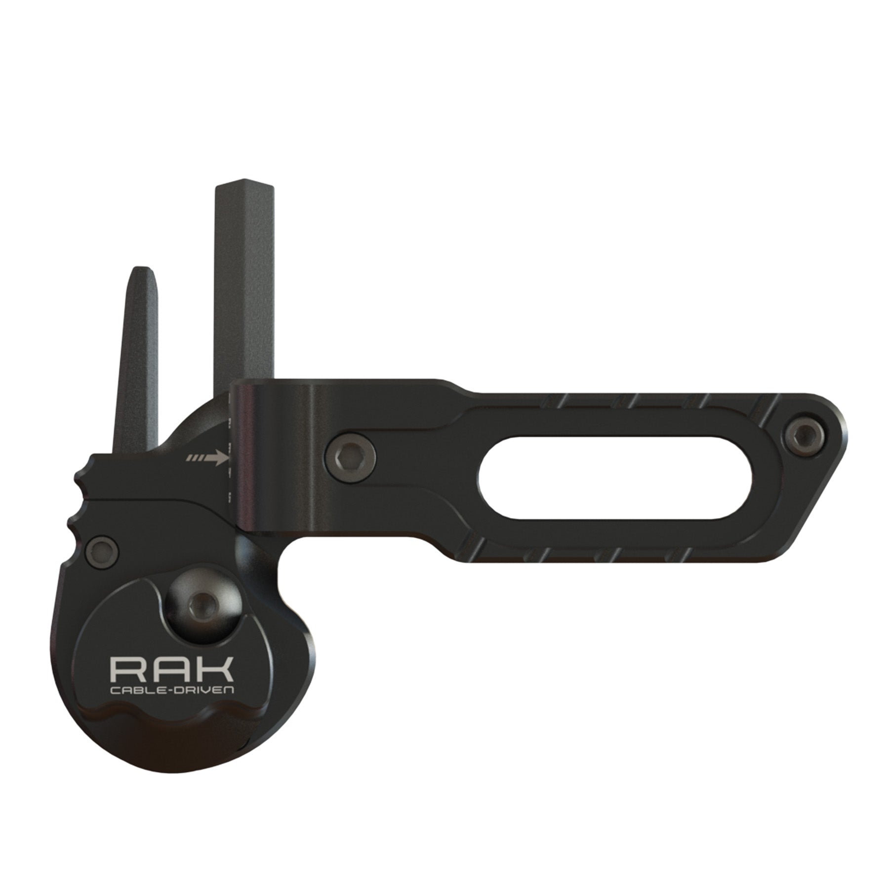Black Gold Ripcord RAK cable driven arrow rest, side view, black