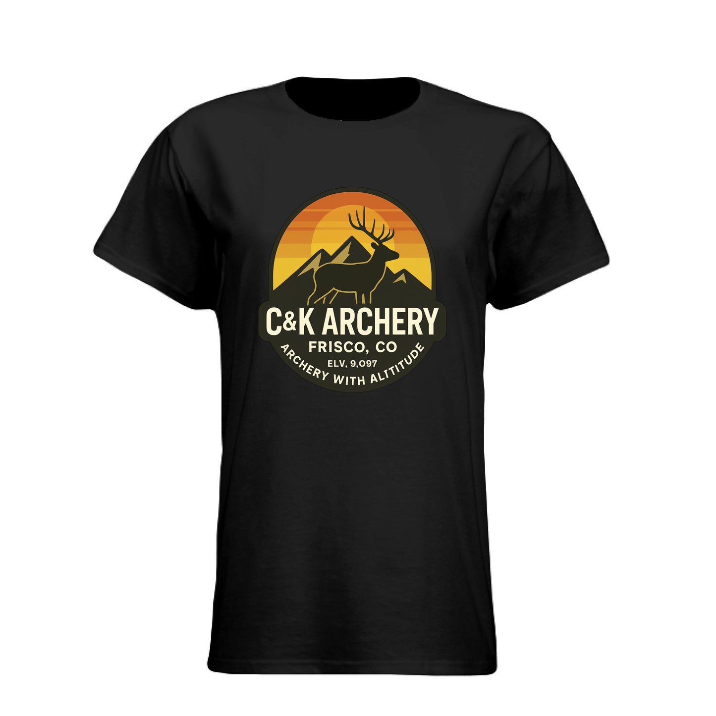 C and K Archery women's archery elk t-shirt in black with elk and mountain graphic design