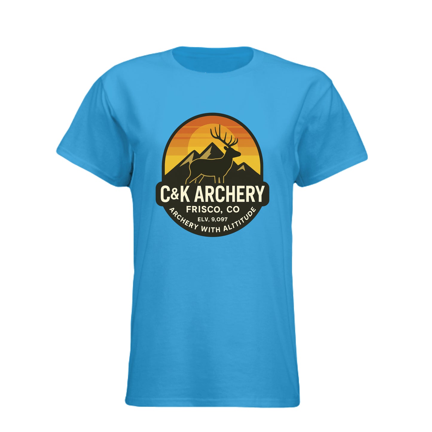 C and K Archery women's archery elk t-shirt in blue with elk and mountain logo design