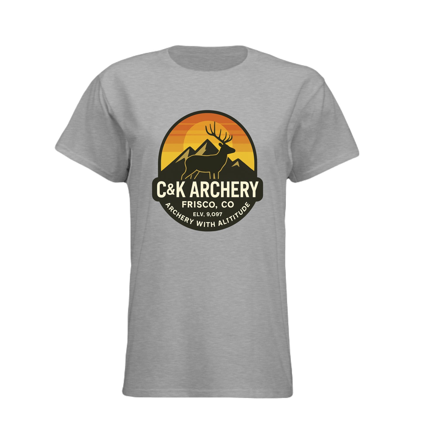 C and K Archery women's archery elk t-shirt in gray with elk and mountain logo design