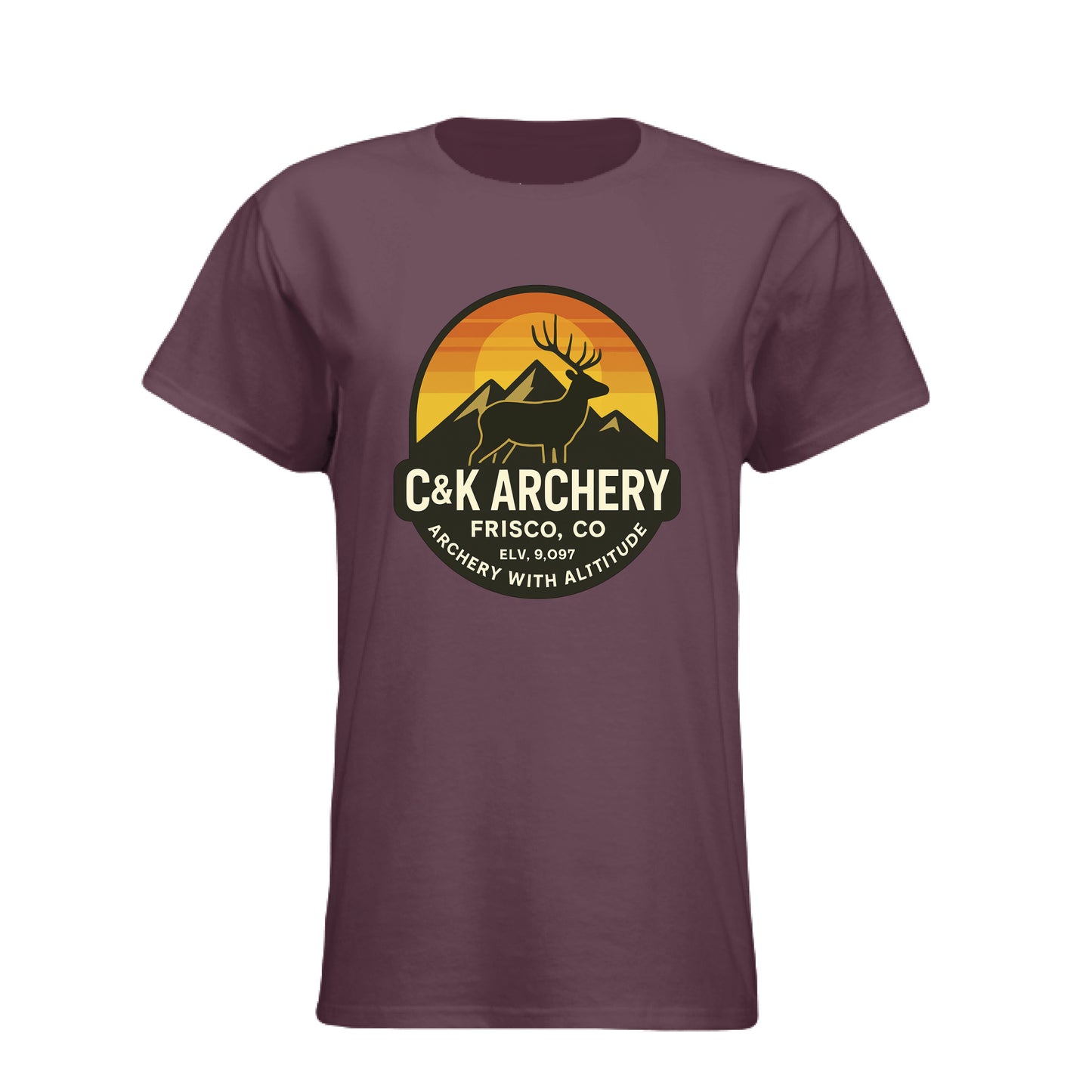 Women's archery elk t-shirt in maroon with C and K Archery elk logo and mountain design