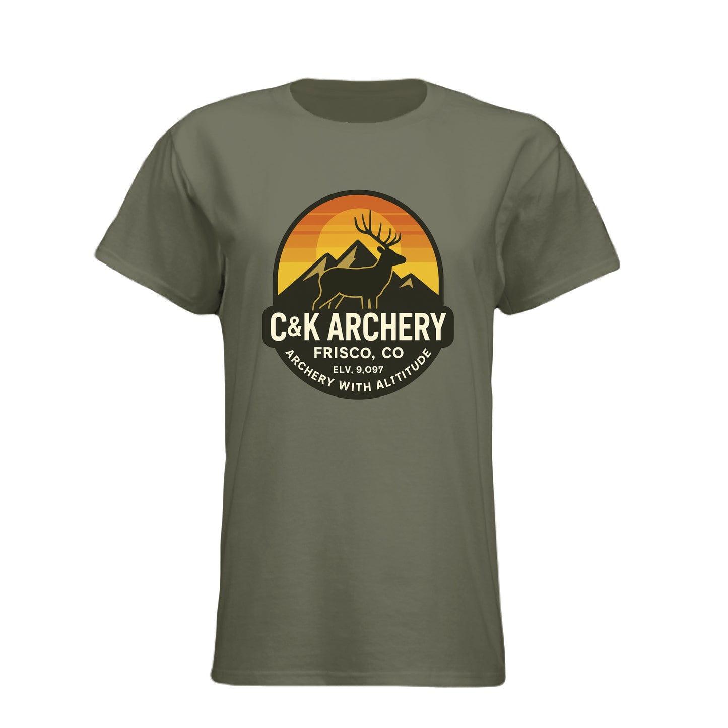 C and K Archery women's archery elk t-shirt in olive green with elk and mountain logo design