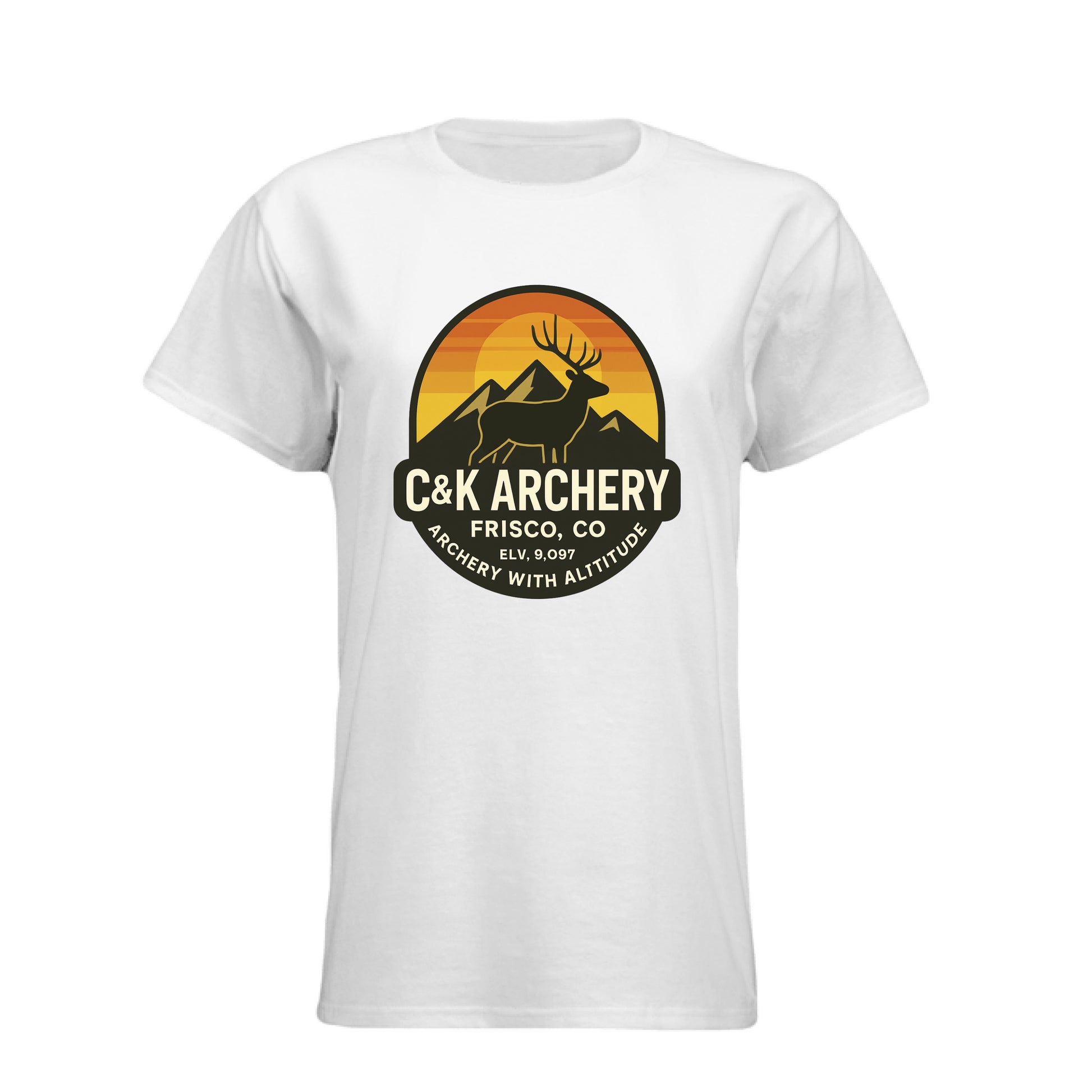 C and K Archery women's archery elk t-shirt with elk and mountain graphic on white fabric