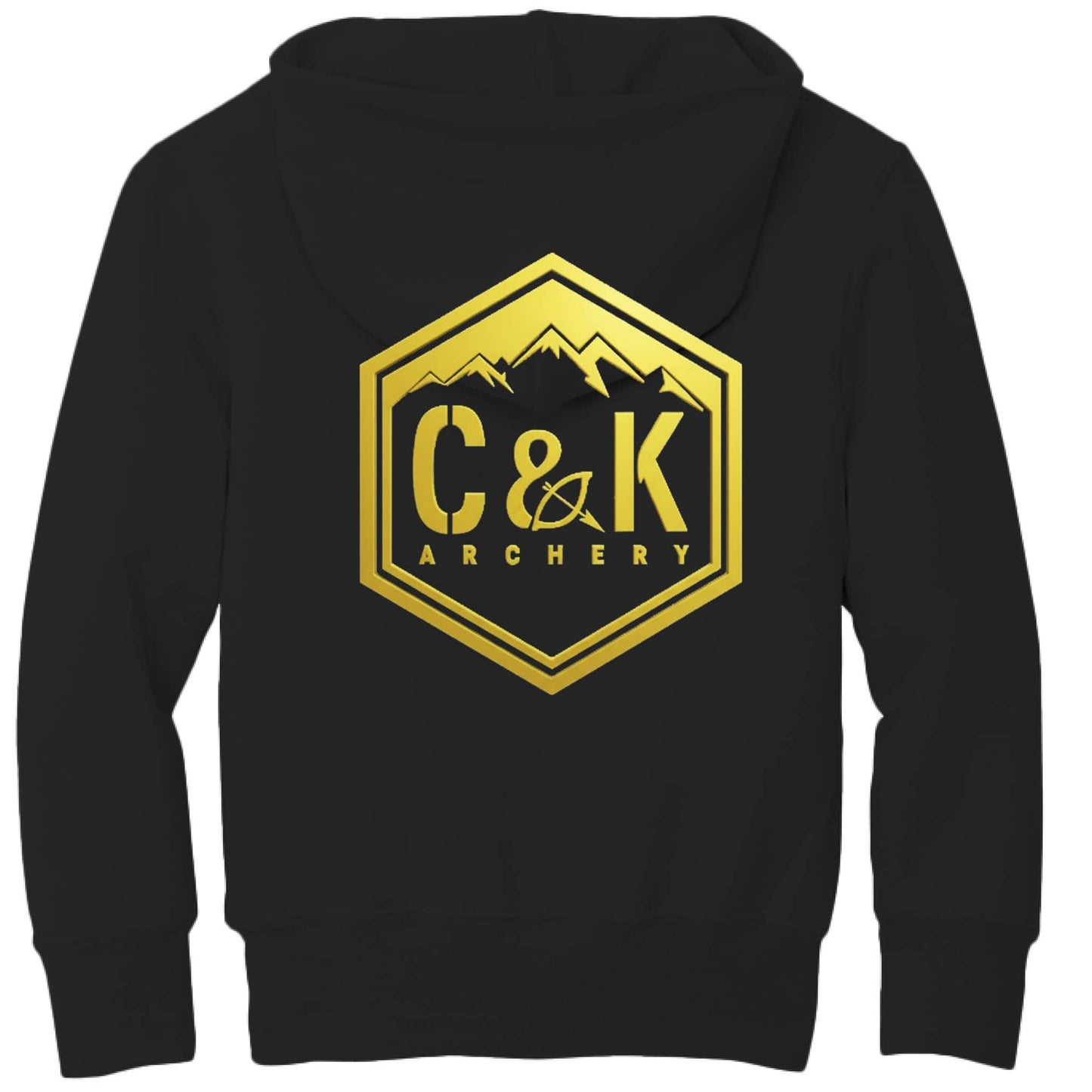 Black kids archery hoodie with gold C and K Archery mountain logo on the back