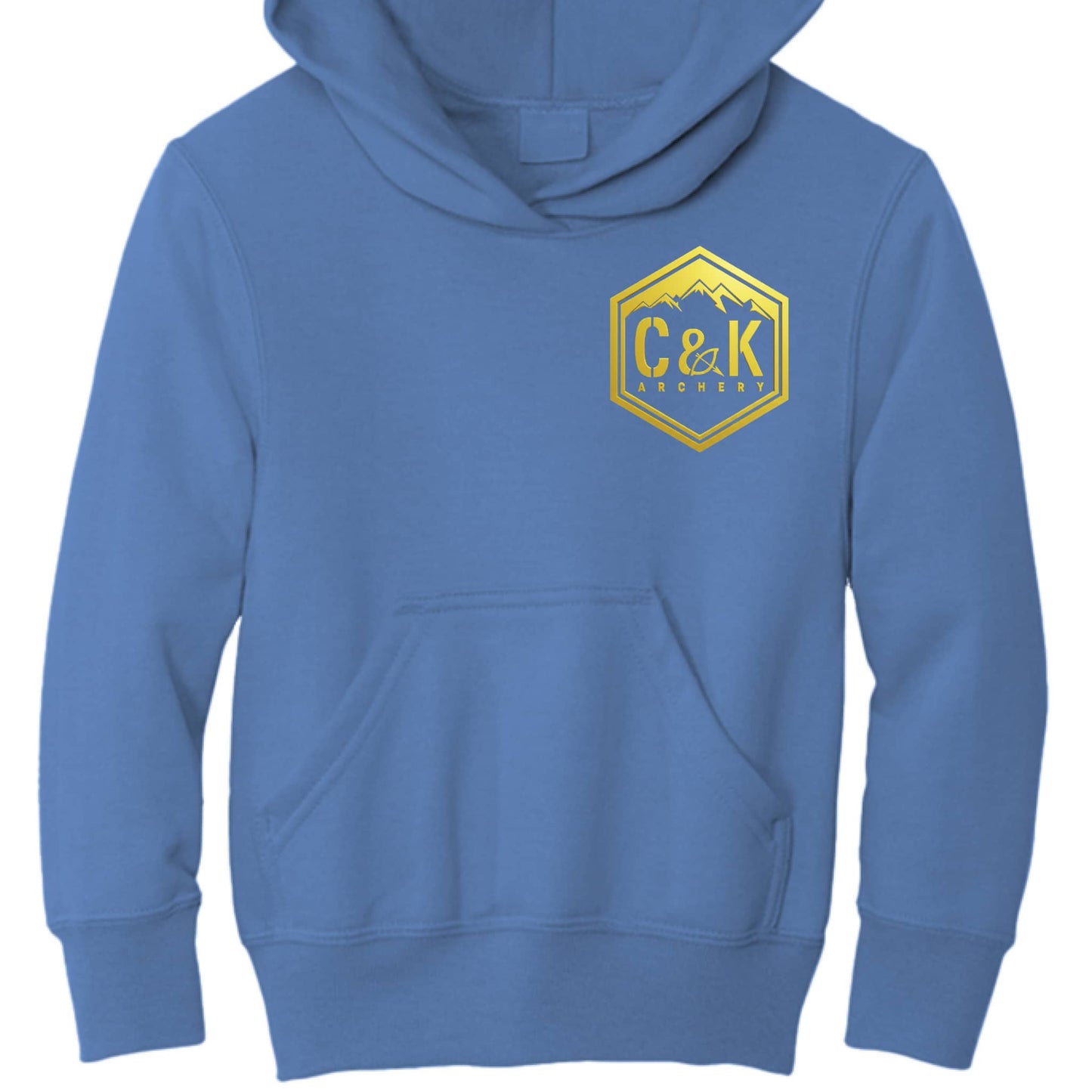C and K Archery kids archery hoodie in blue with yellow logo and front kangaroo pocket