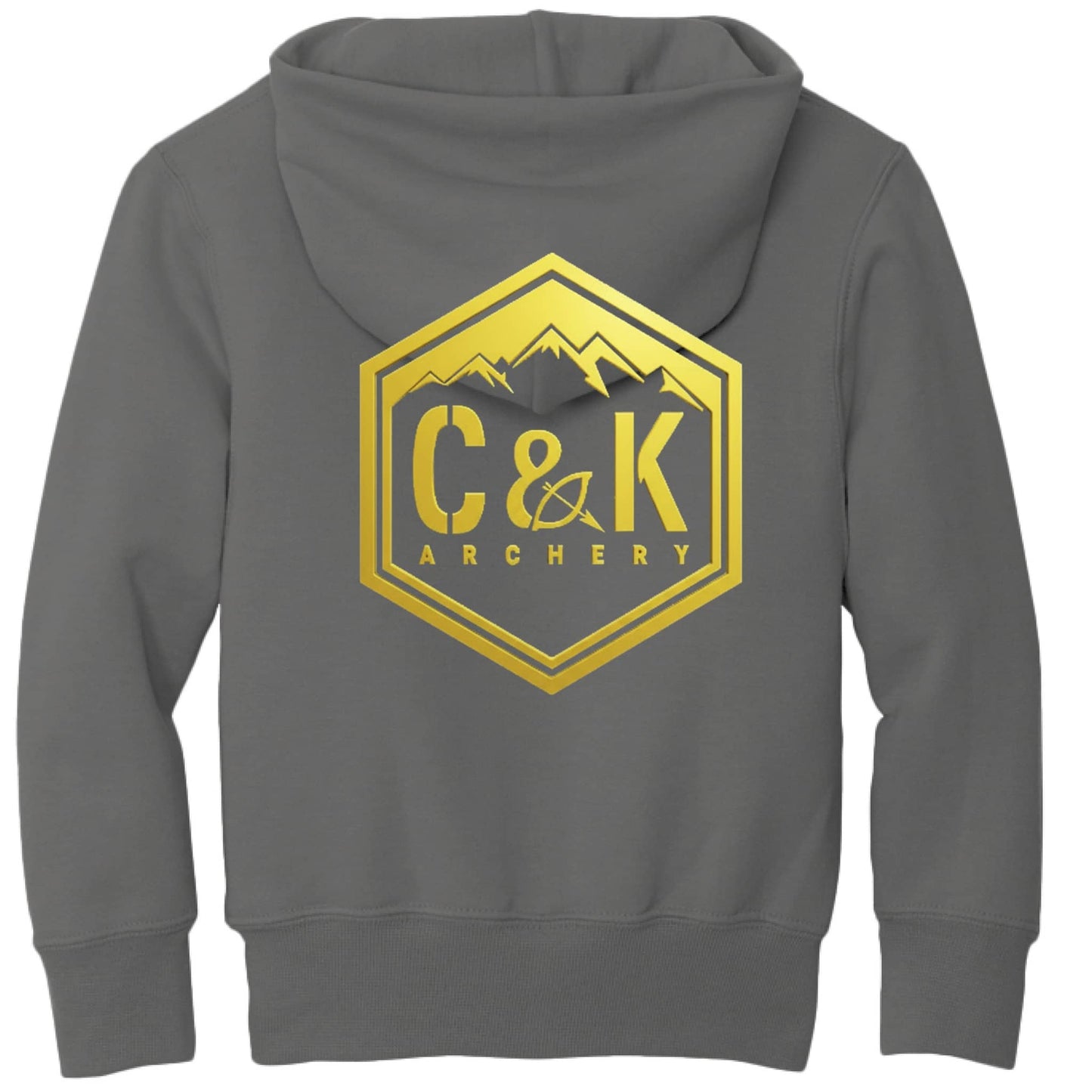 Gray kids archery hoodie with gold C and K Archery logo and mountain design on the back