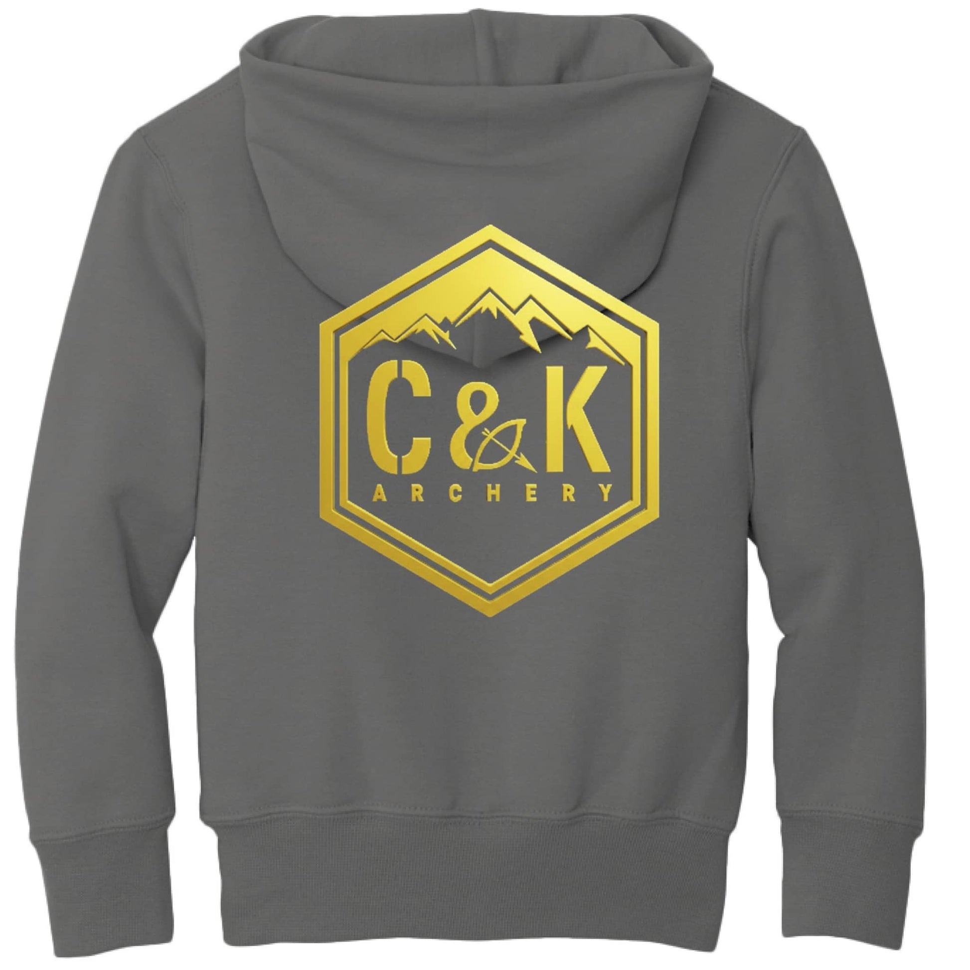 Gray kids archery hoodie with gold C and K Archery logo and mountain design on the back