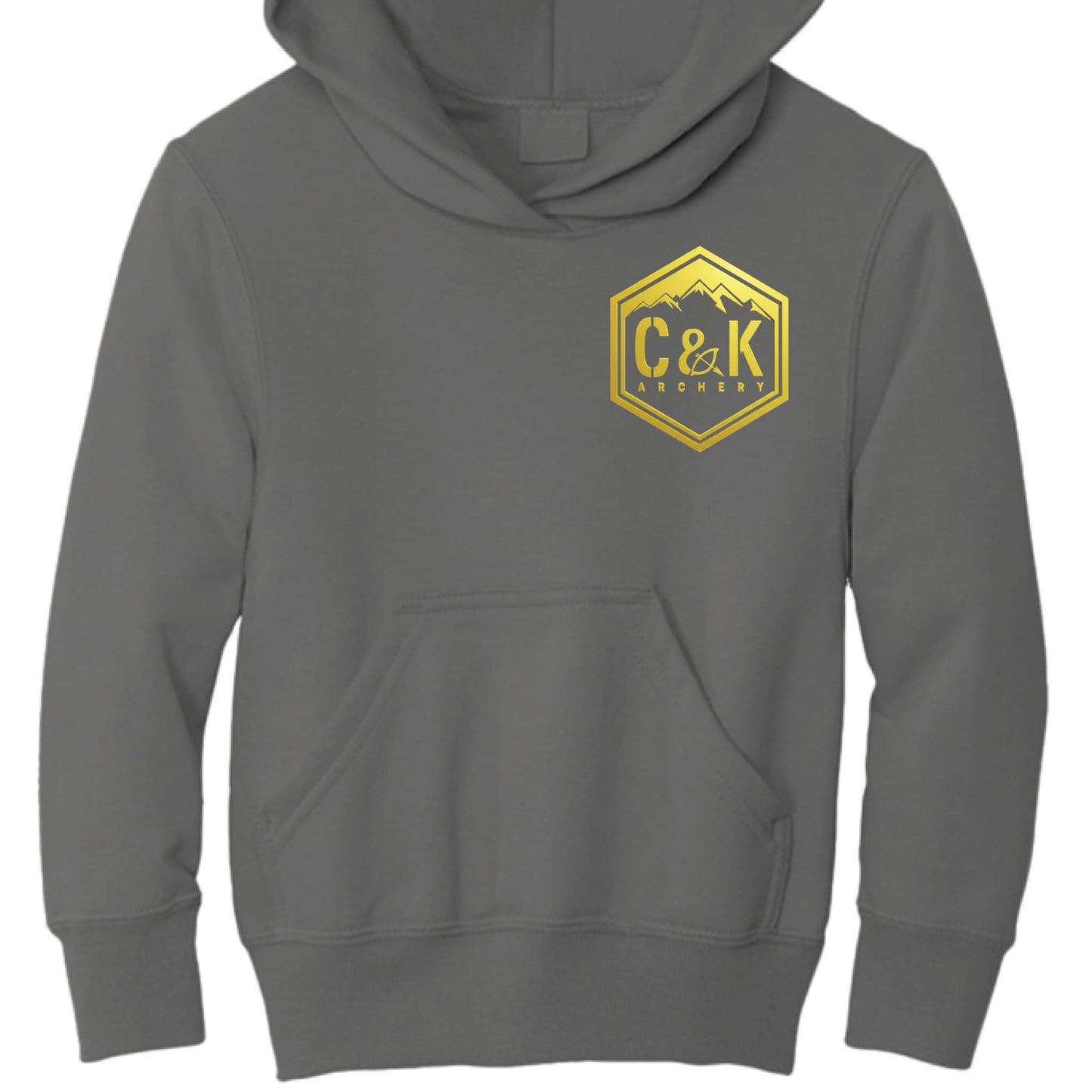 Gray kids archery hoodie from C and K Archery with yellow logo and front kangaroo pocket