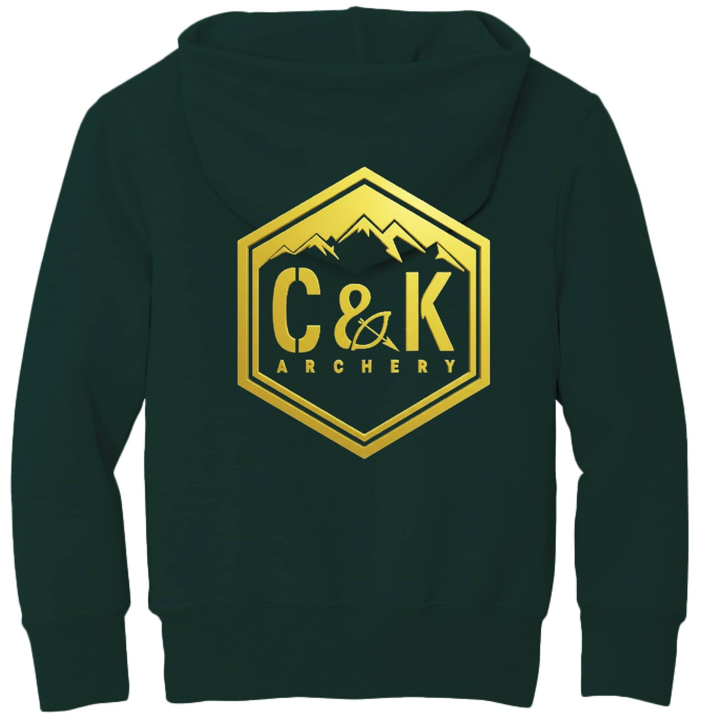 C and K Archery kids archery hoodie in dark green with gold logo on the back
