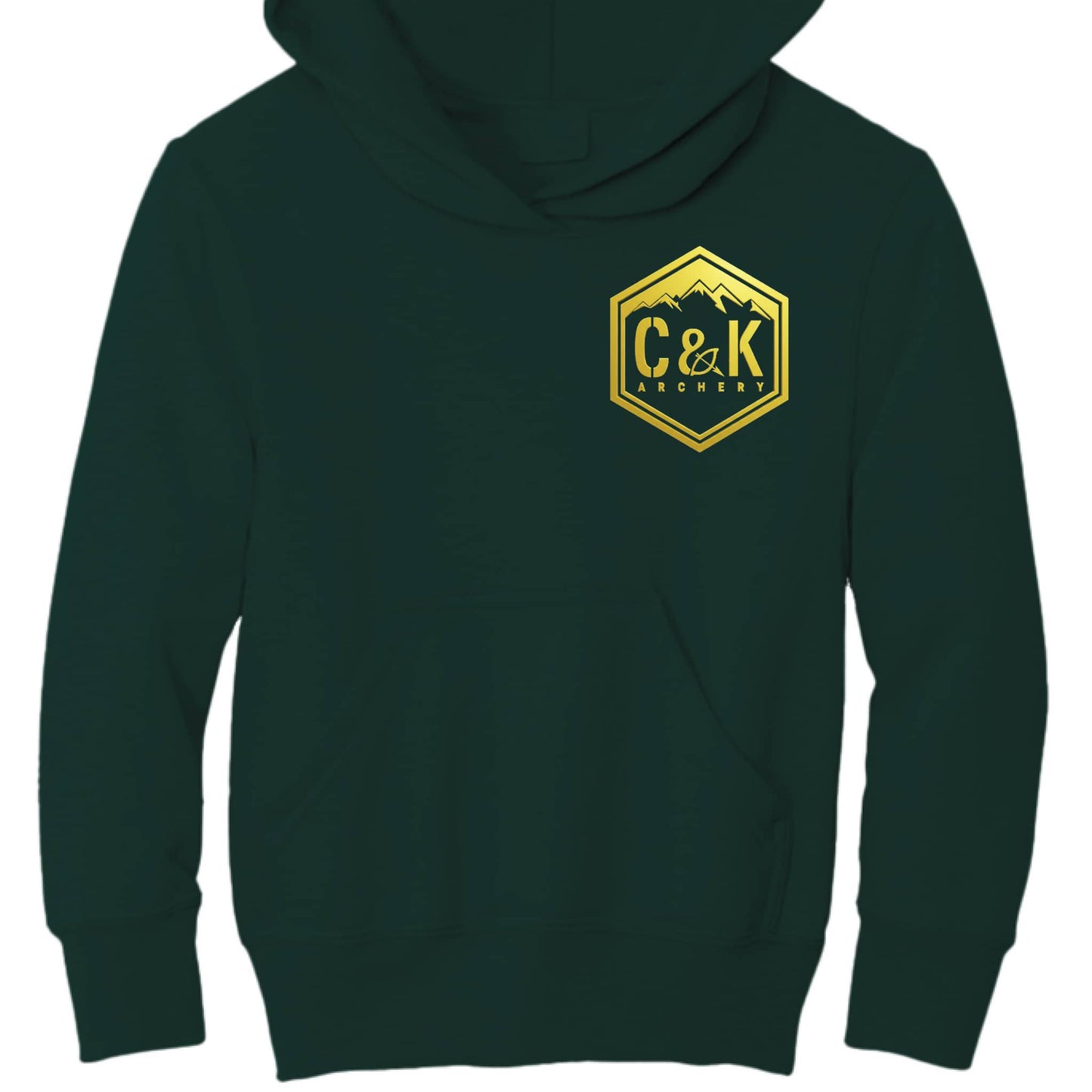 C and K Archery kids archery hoodie in dark green with yellow logo and front pocket