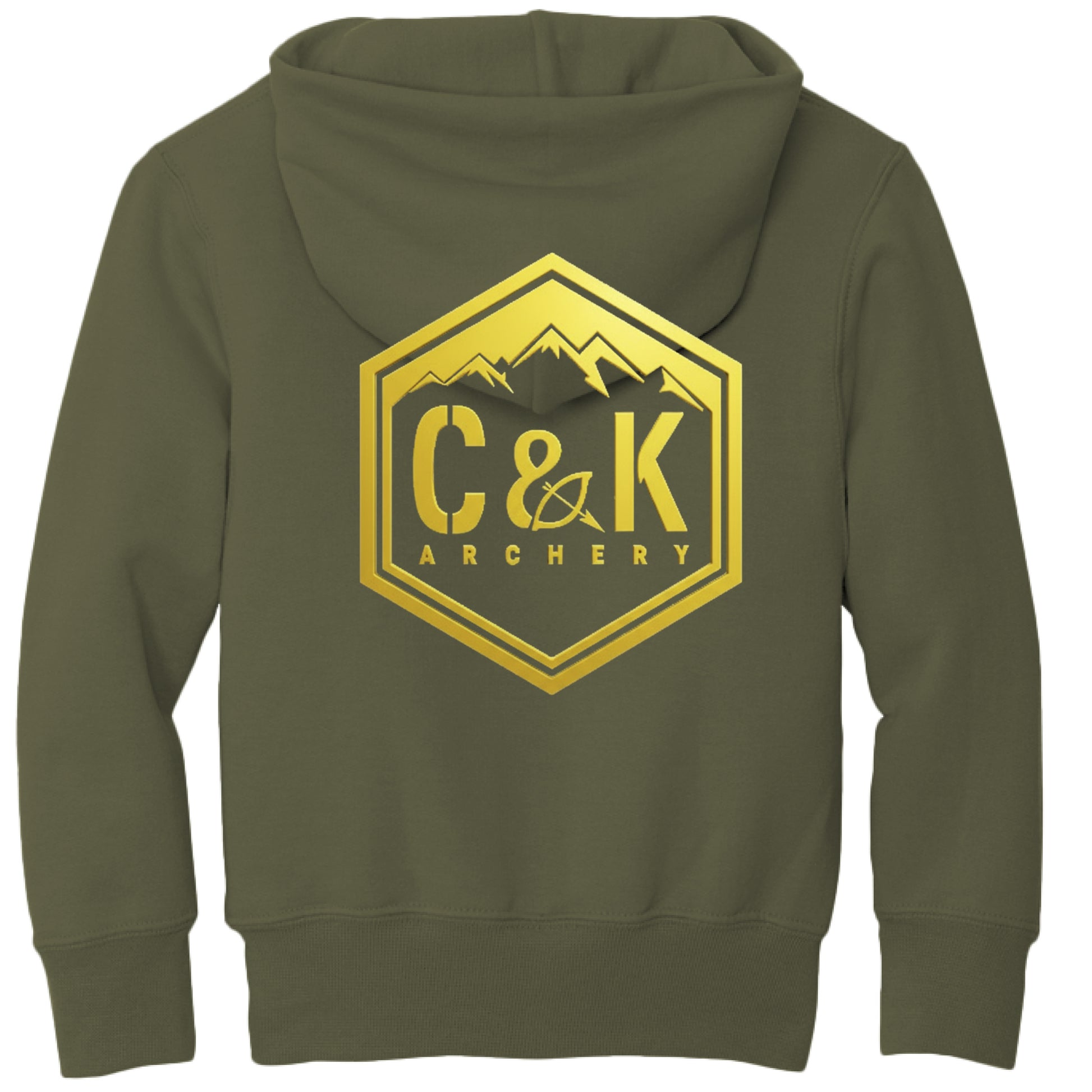 Olive green kids archery hoodie with gold C and K Archery logo and mountain design on back