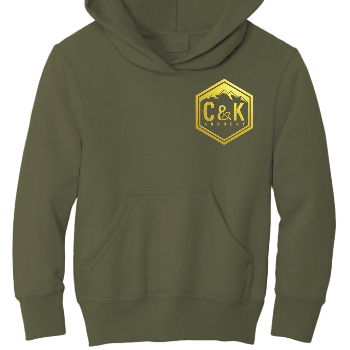 Olive green kids archery hoodie with C and K Archery yellow logo on chest and front pocket