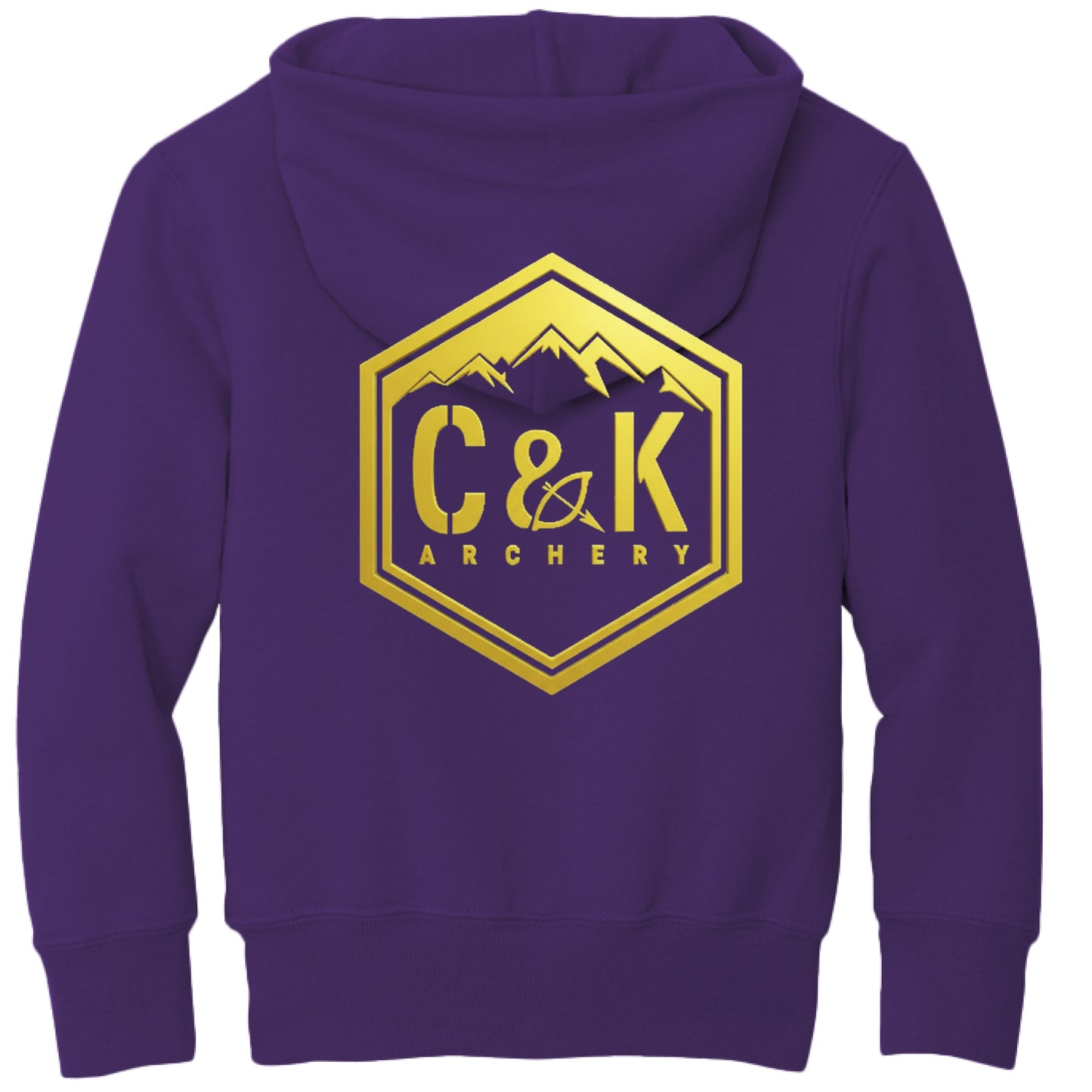 Purple kids archery hoodie with gold C and K Archery logo and mountain design on the back