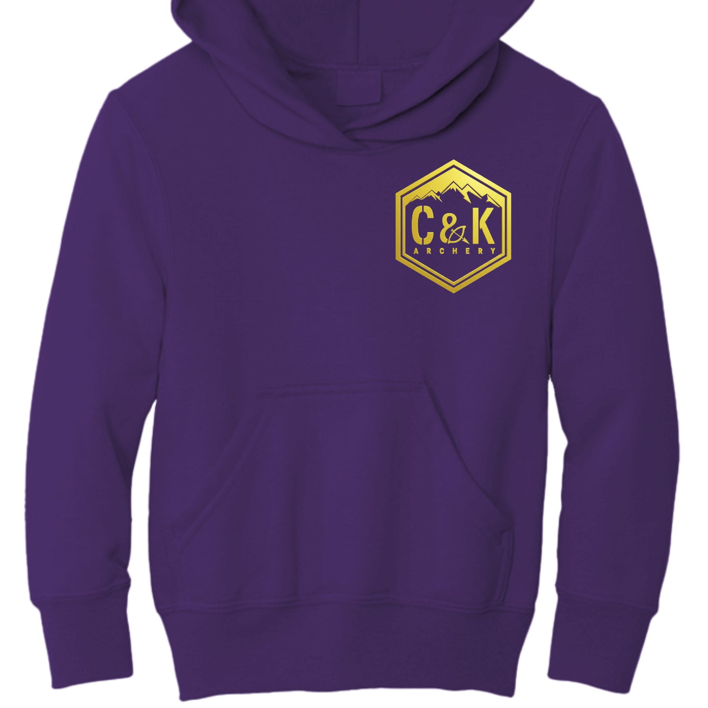 Purple kids archery hoodie by C and K Archery with yellow logo and front pocket