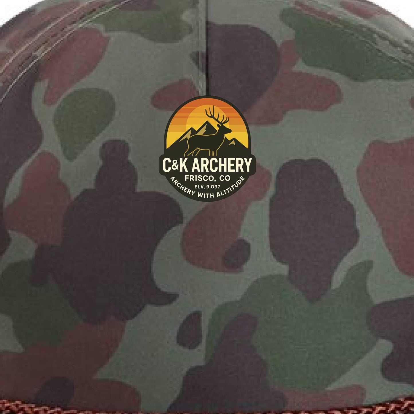 C and K Archery camouflage elk logo archery hat close-up