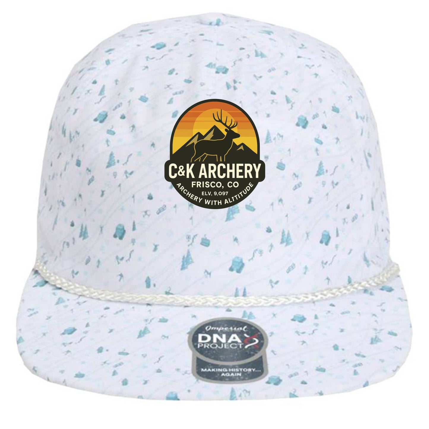 C and K Archery elk logo archery hat front view white with blue speckles