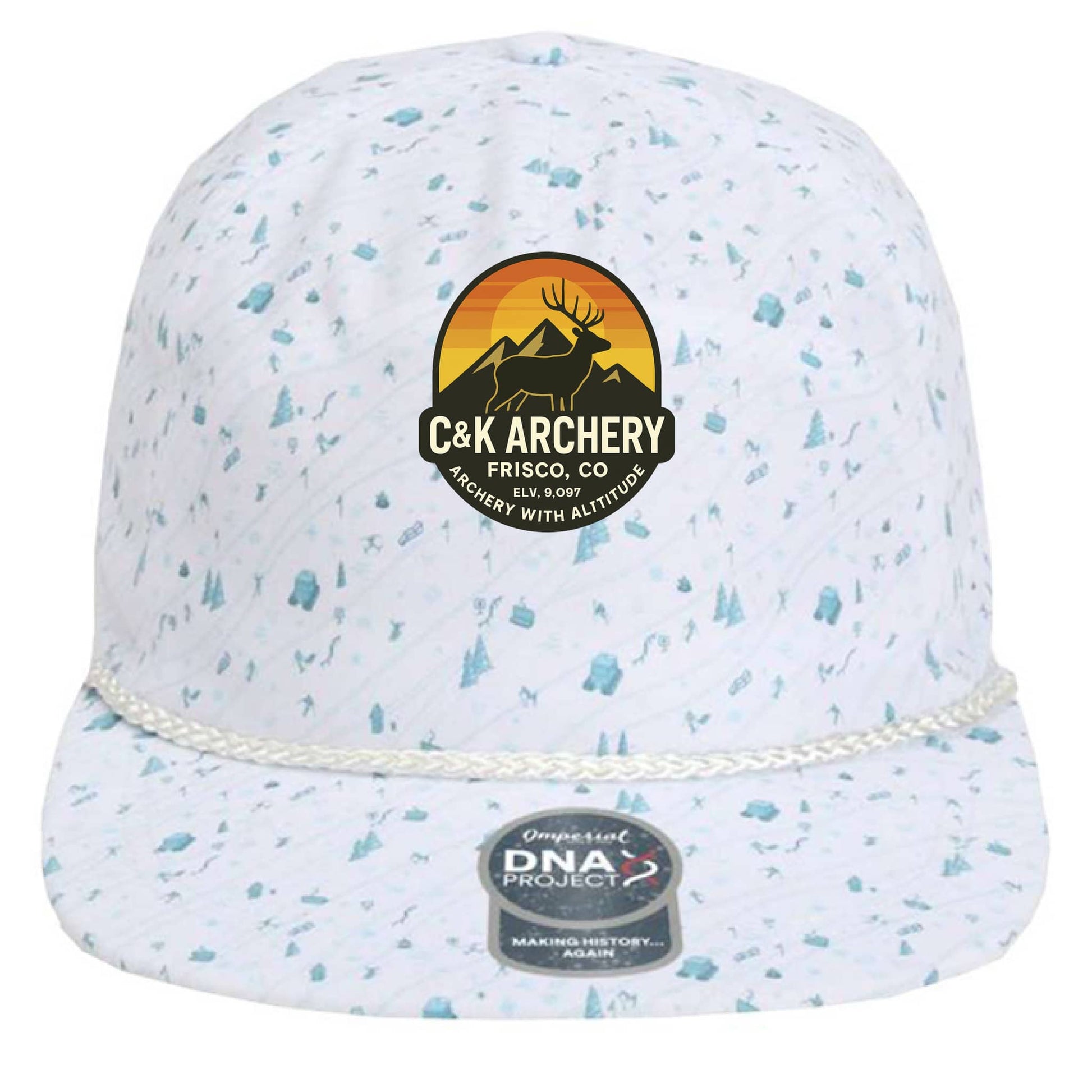 C and K Archery elk logo archery hat front view white with blue speckles