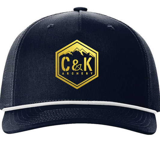 C and K Archery black hat front view with gold archery logo hat