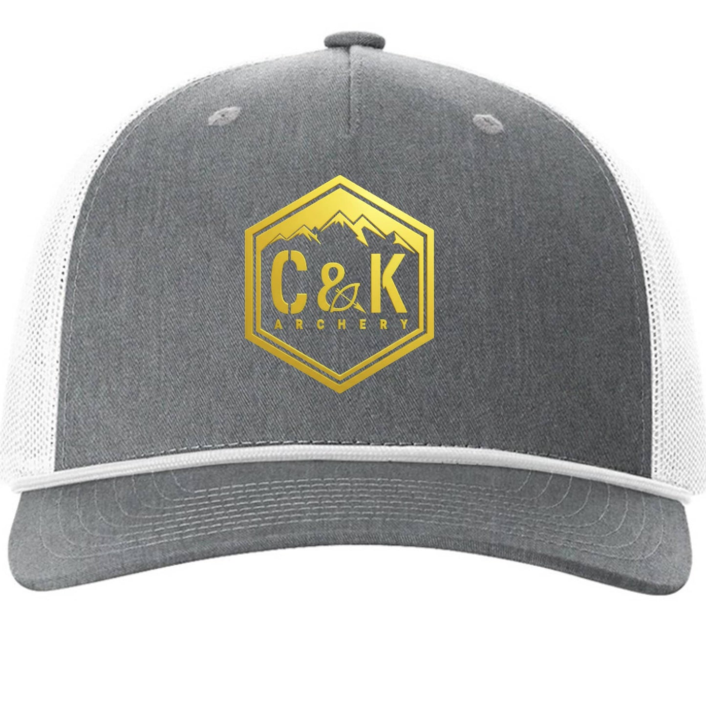 C and K Archery gray and white trucker hat front view archery logo hat
