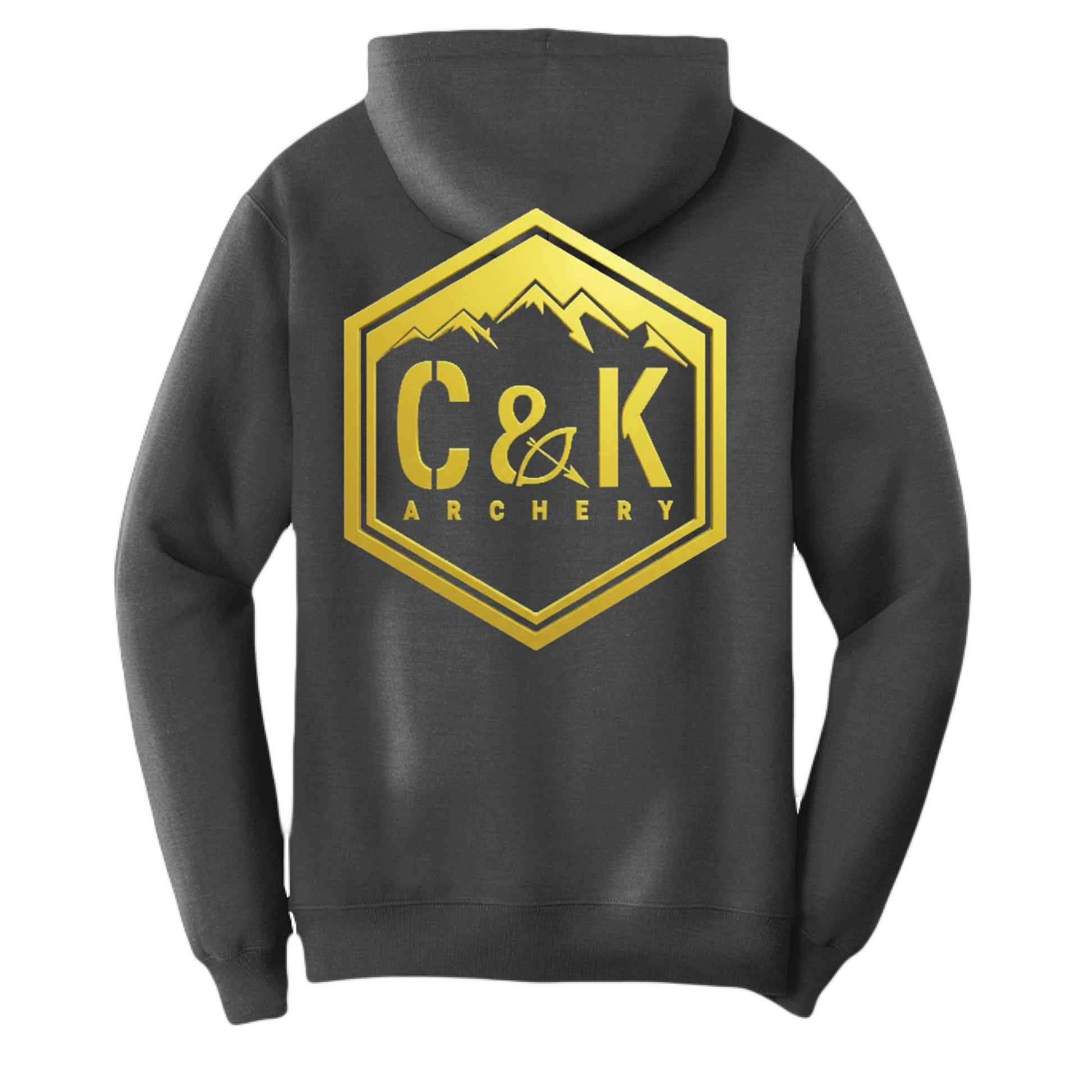 Dark hoodie with gold C and K Archery logo on the back archery logo hoodie by C and K Archery