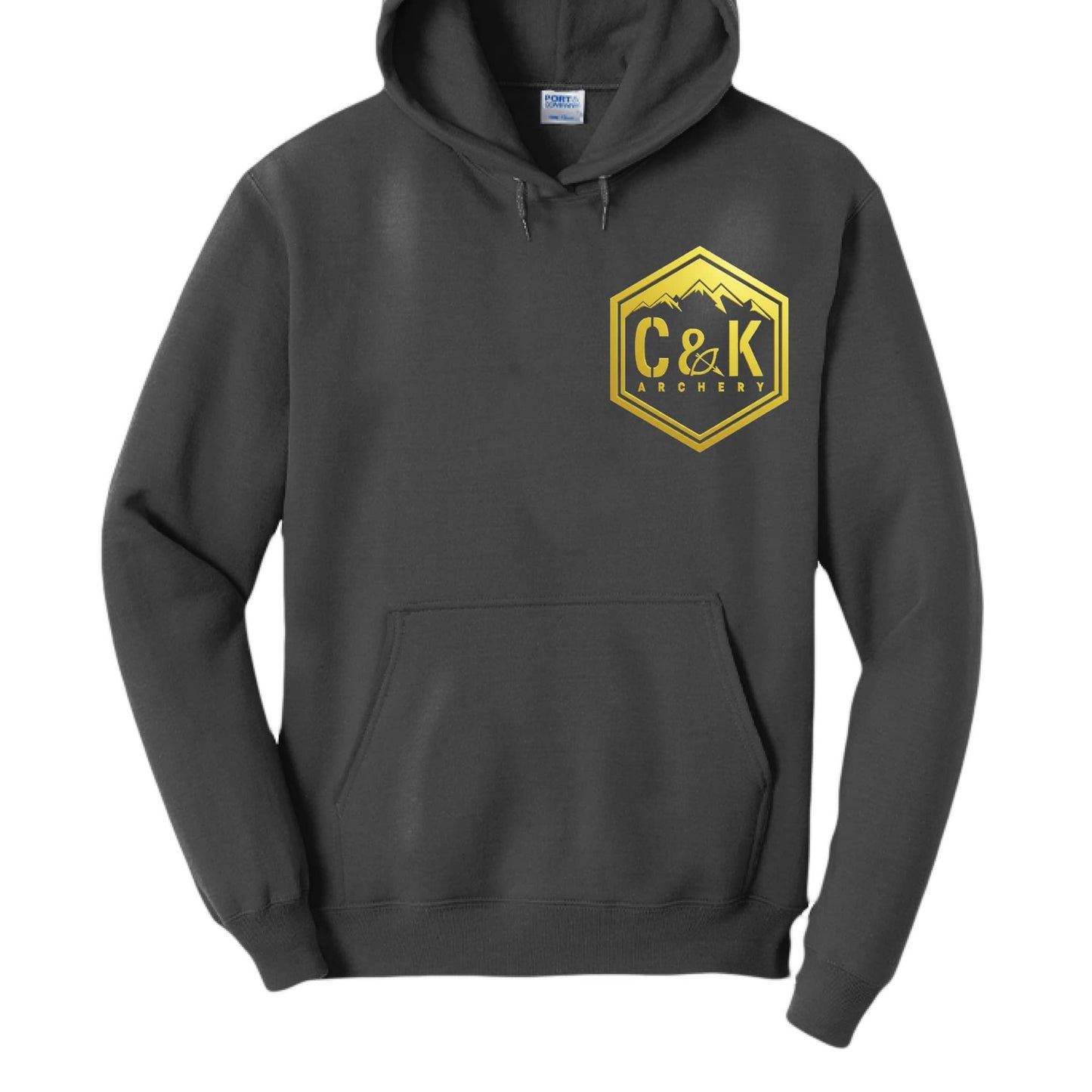 C and K Archery black hoodie with yellow archery logo hoodie featuring mountain design on chest