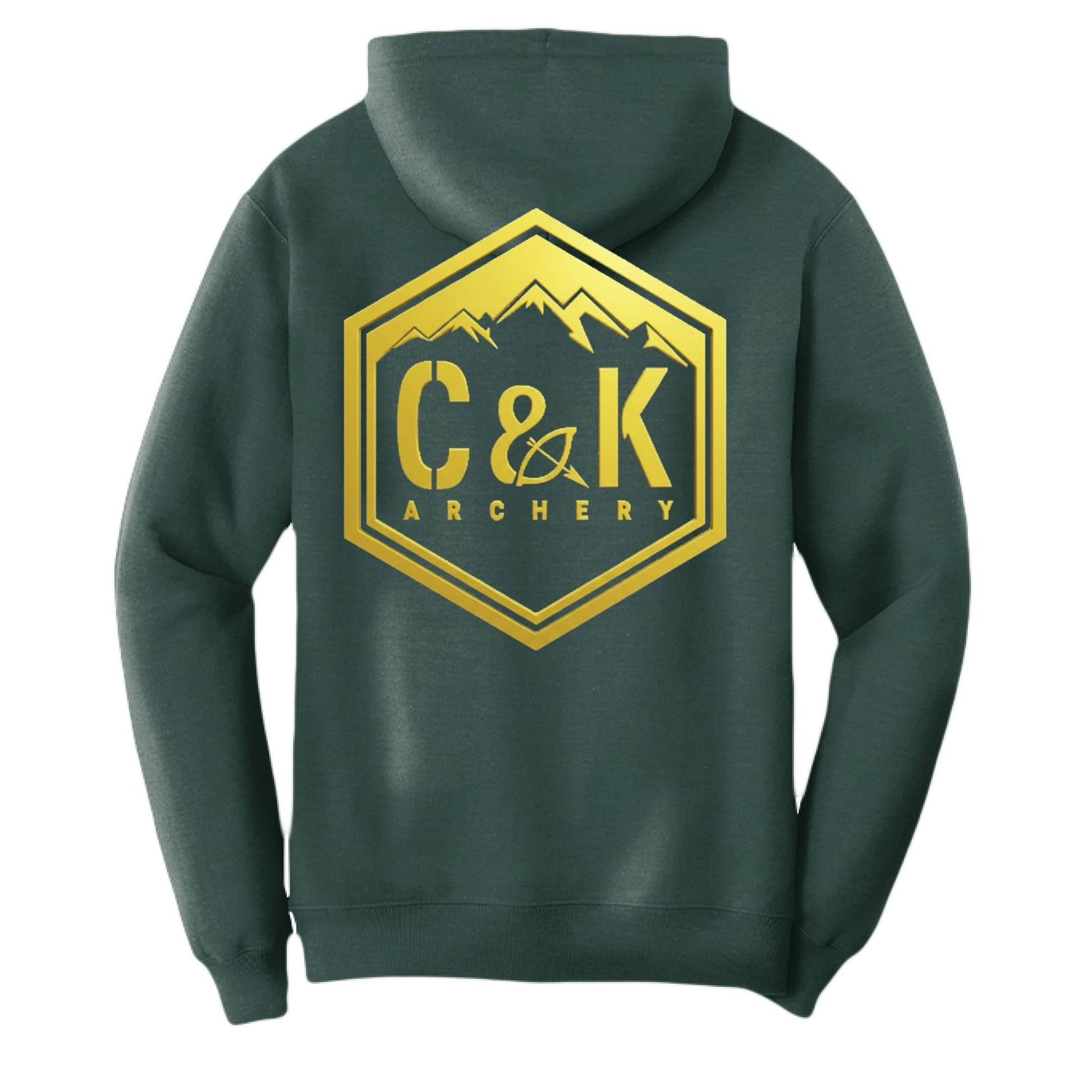 C and K Archery dark green hoodie with gold archery logo hoodie design on the back