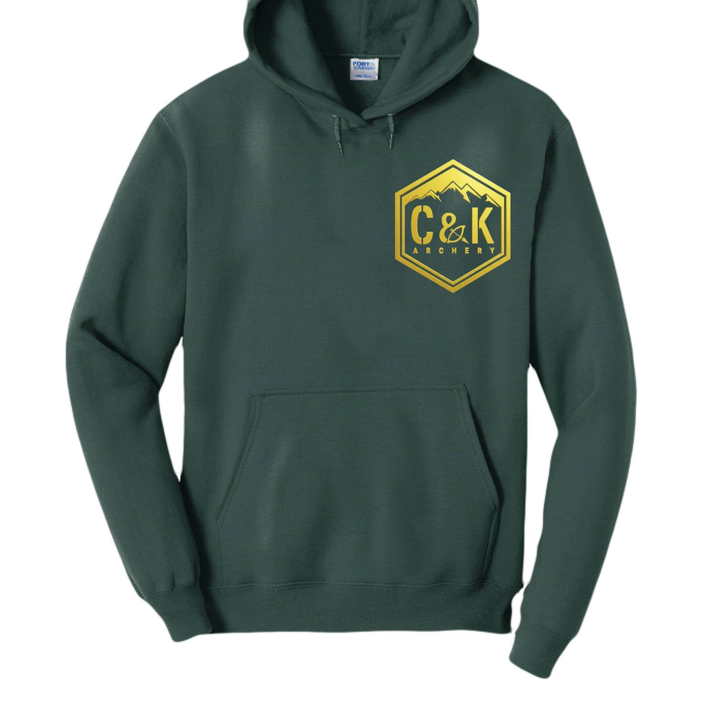 Dark green archery logo hoodie with yellow C and K Archery emblem on chest