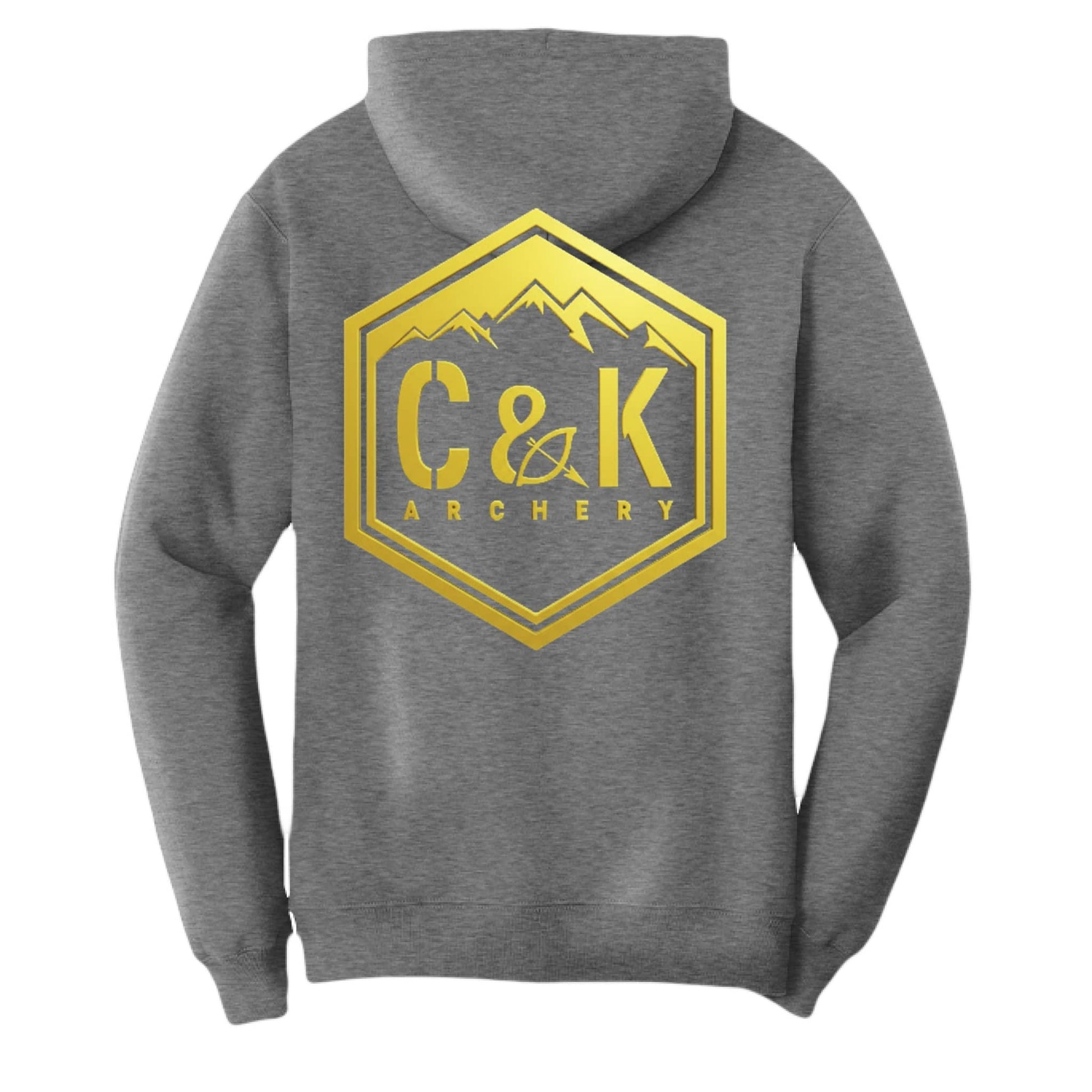 Gray C and K Archery logo hoodie with a gold mountain design on the back for archery enthusiasts