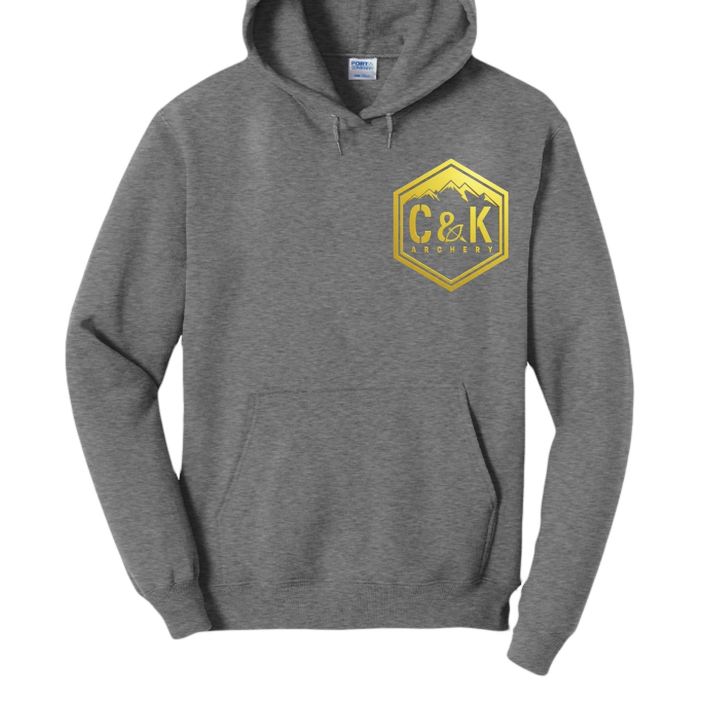 Gray hoodie with yellow C and K Archery logo on chest featuring mountain design archery logo hoodie