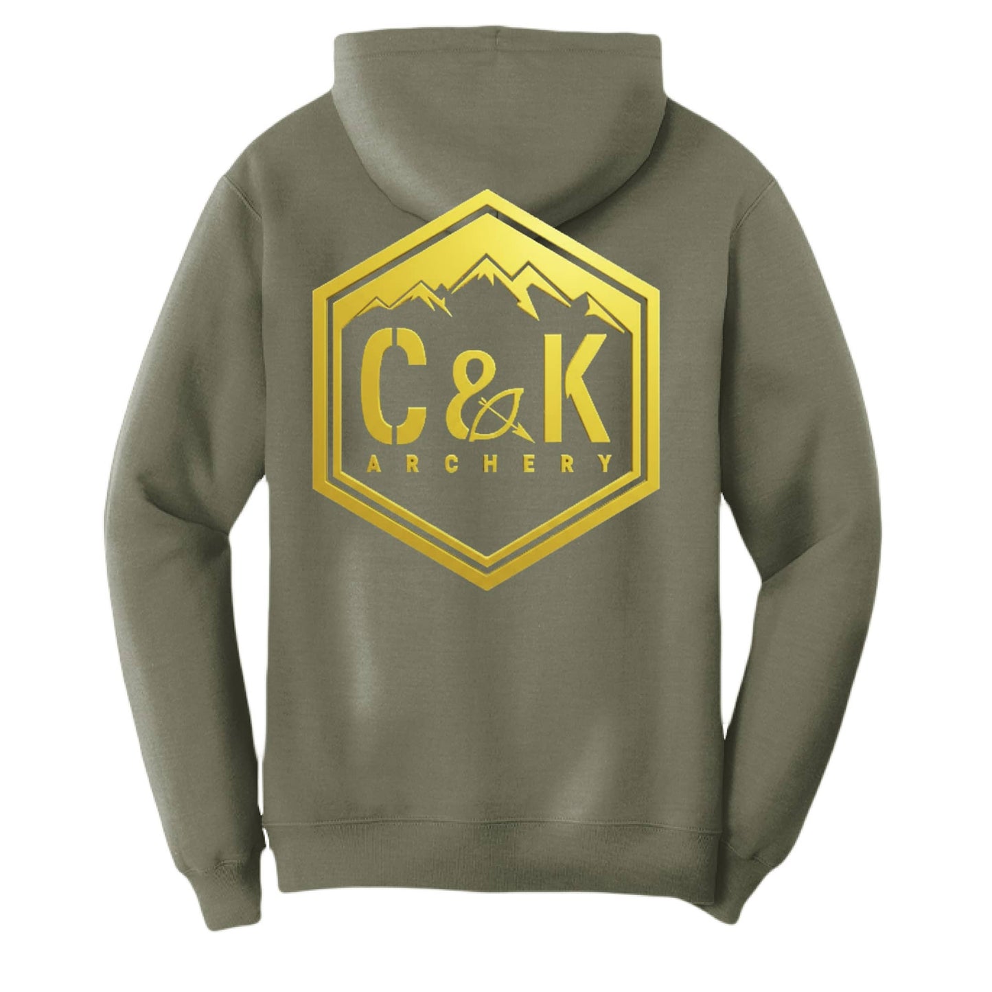 C and K Archery logo hoodie in olive green with gold mountain emblem on the back