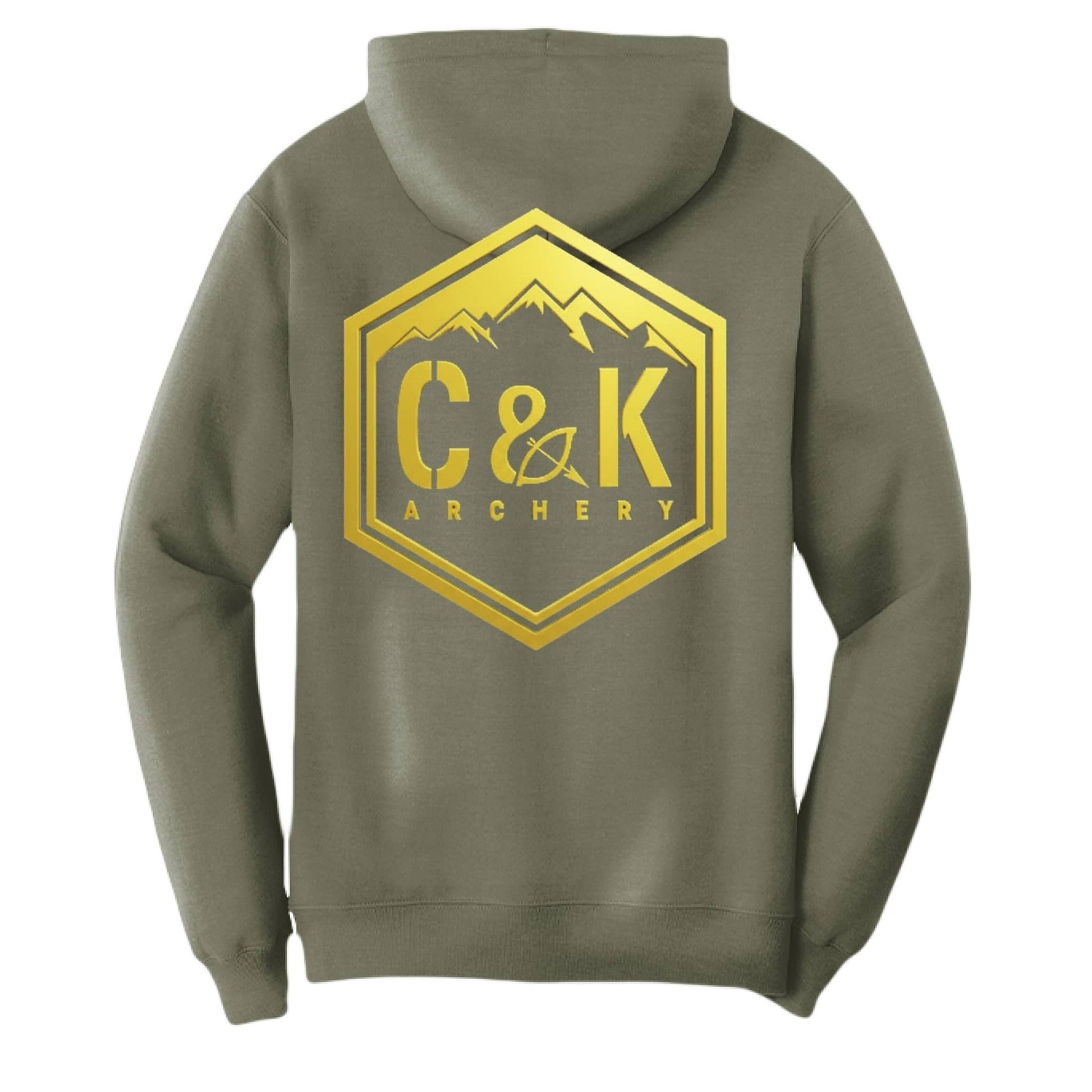 C and K Archery logo hoodie in olive green with gold mountain emblem on the back