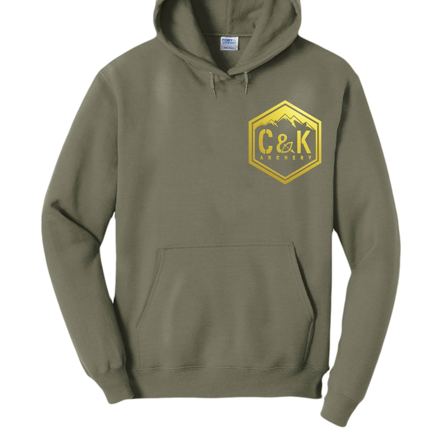 Olive green archery logo hoodie with yellow C and K Archery emblem and front pocket