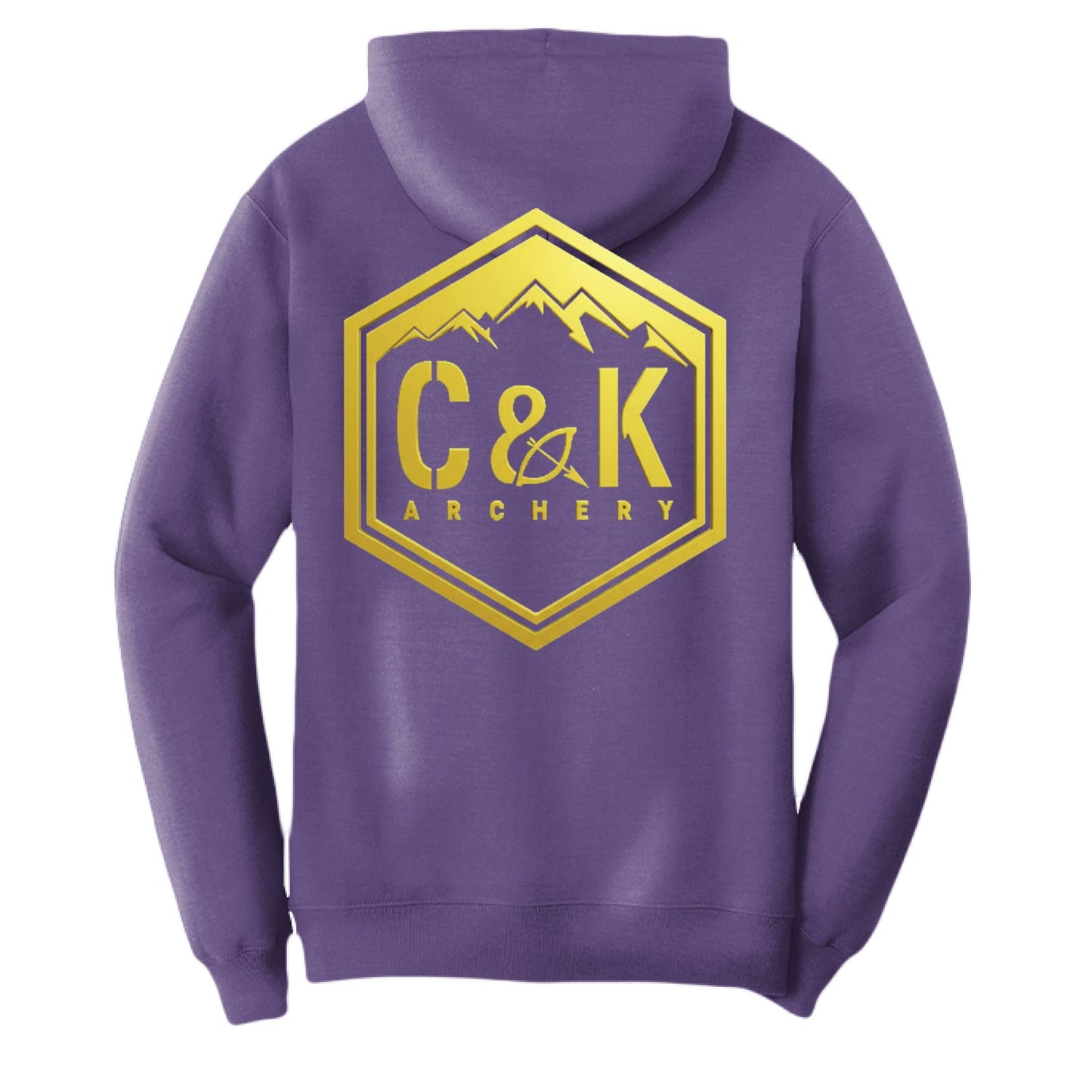 Purple archery logo hoodie with gold C and K Archery emblem and mountain design on the back