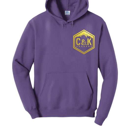 Purple C and K Archery logo hoodie with yellow mountain emblem on chest and front pocket