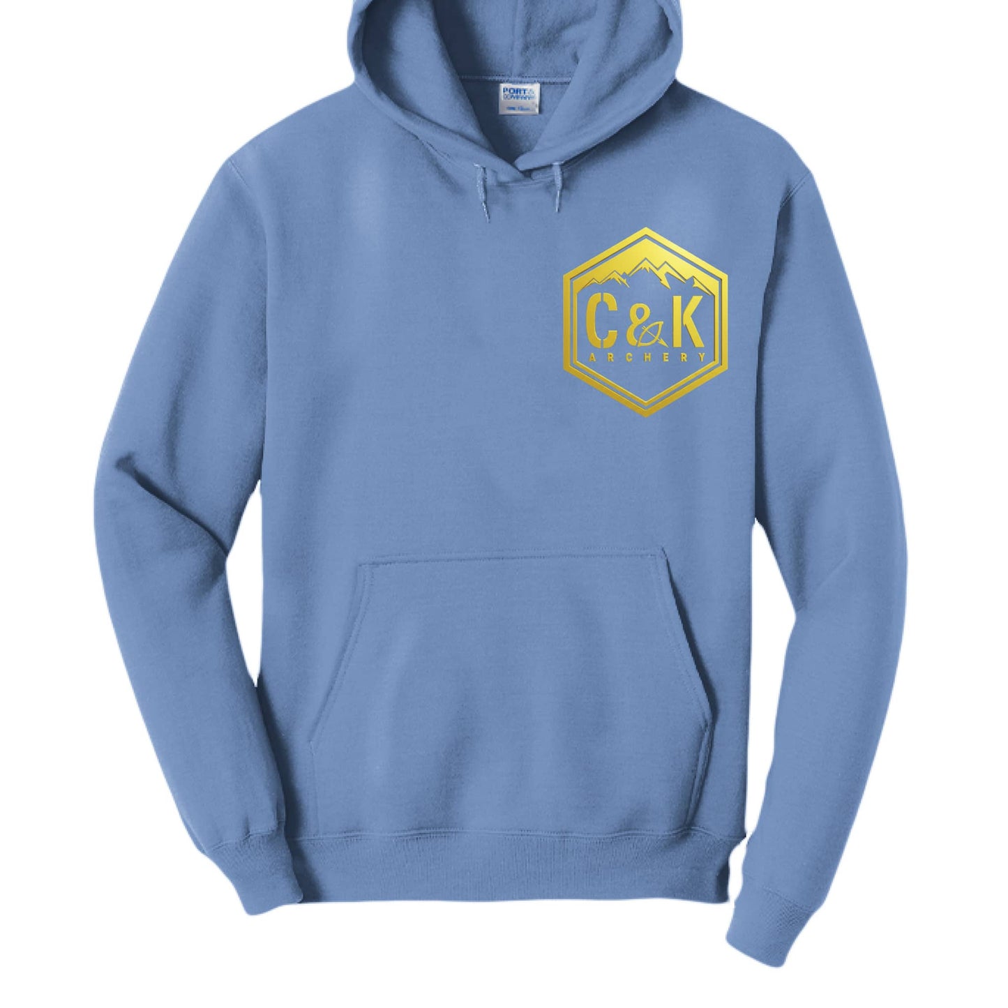 Blue C and K Archery logo hoodie with yellow mountain emblem on chest and front pocket