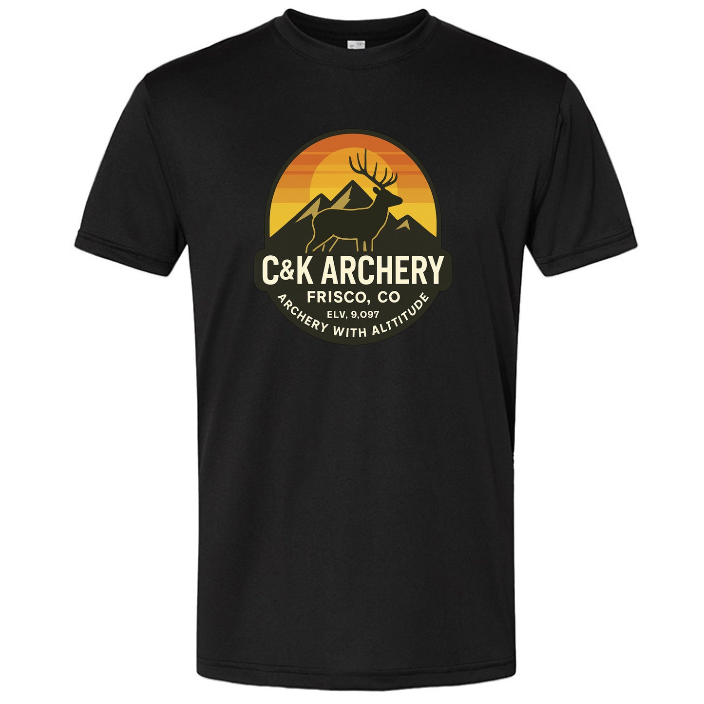 Black elk archery t-shirt with C and K Archery logo and mountain sunset design