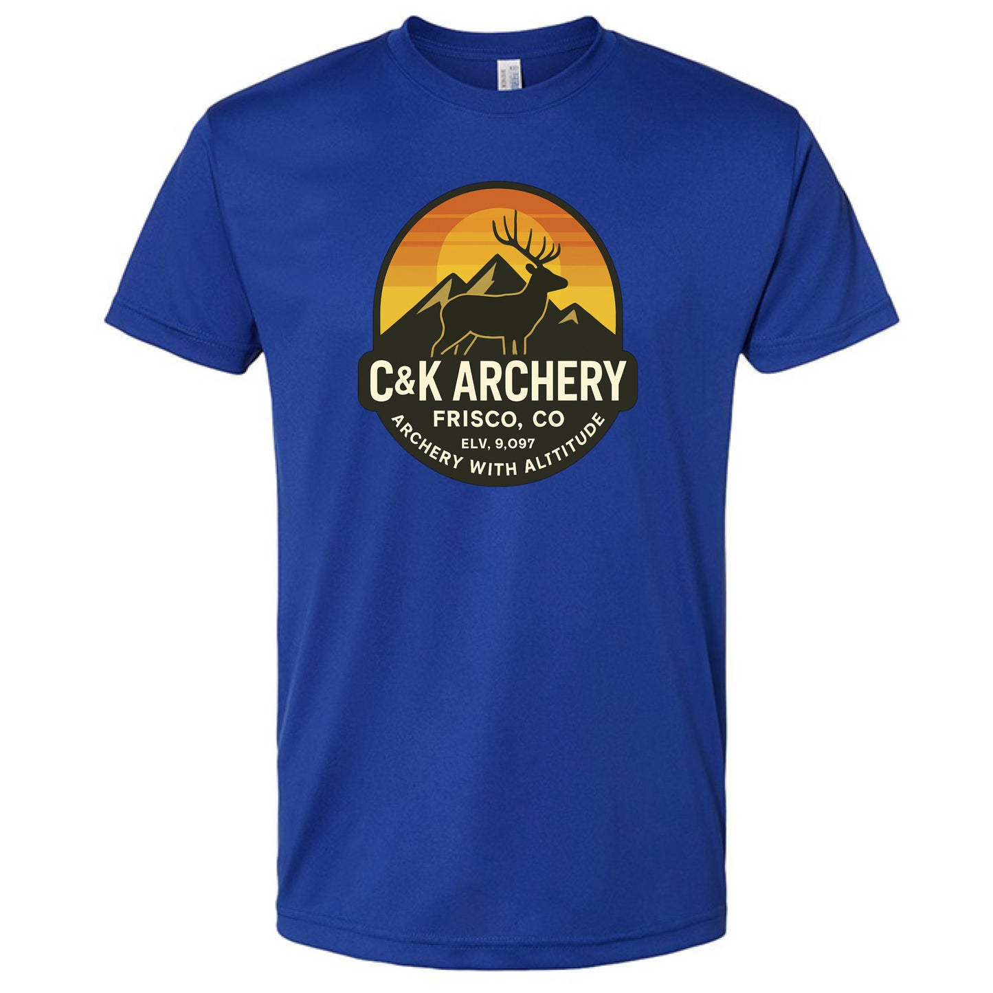 Blue elk archery t-shirt by C and K Archery with sunset mountain and elk graphic