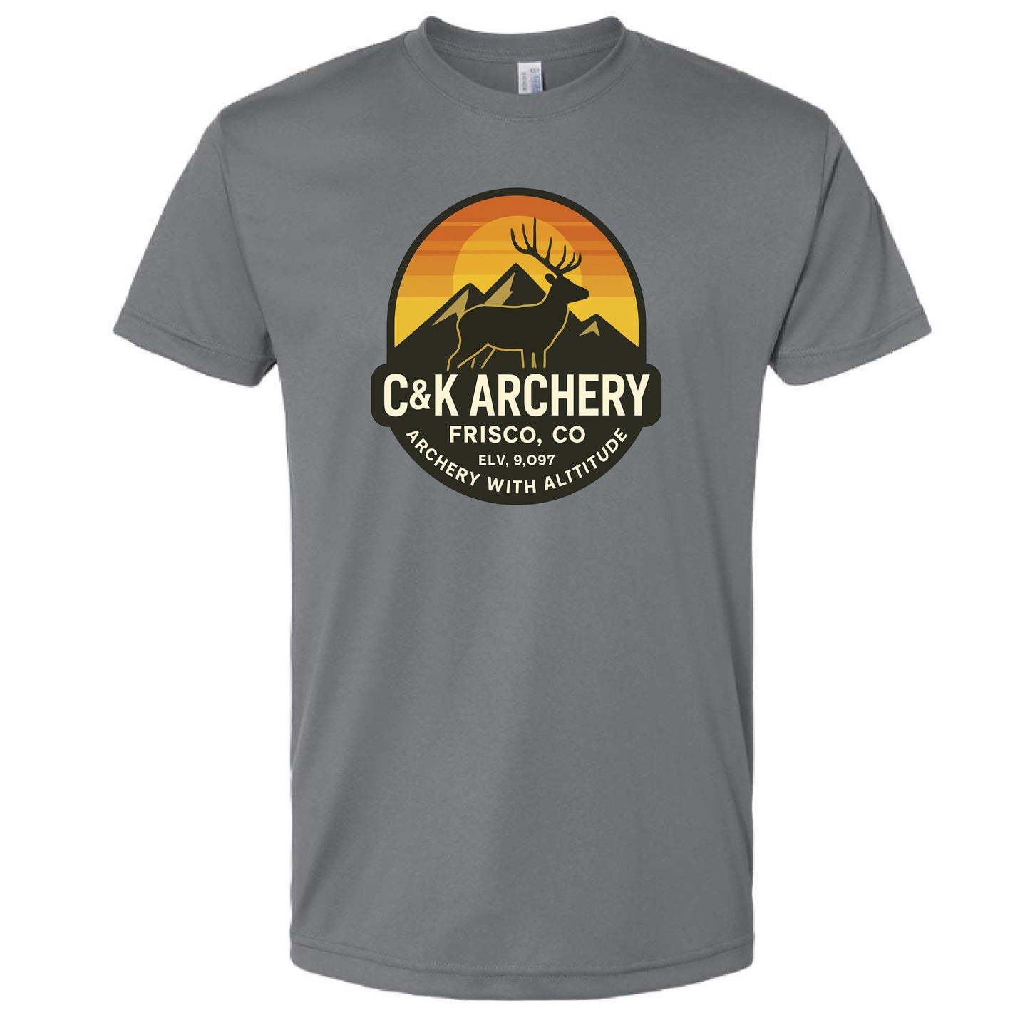 C and K Archery elk archery t-shirt in gray with mountain and elk graphic design