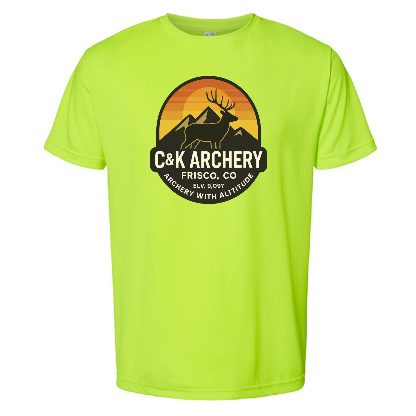 C and K Archery elk archery t-shirt in neon green with mountain and elk logo design