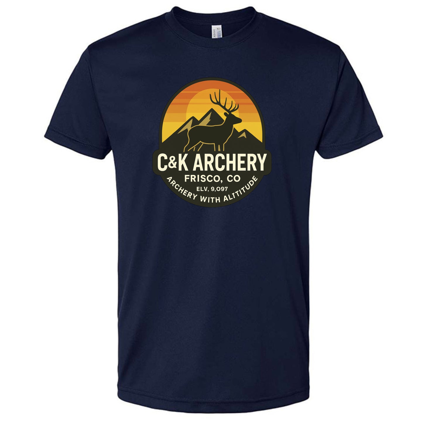 C and K Archery navy blue elk archery t-shirt with mountain and elk graphic design