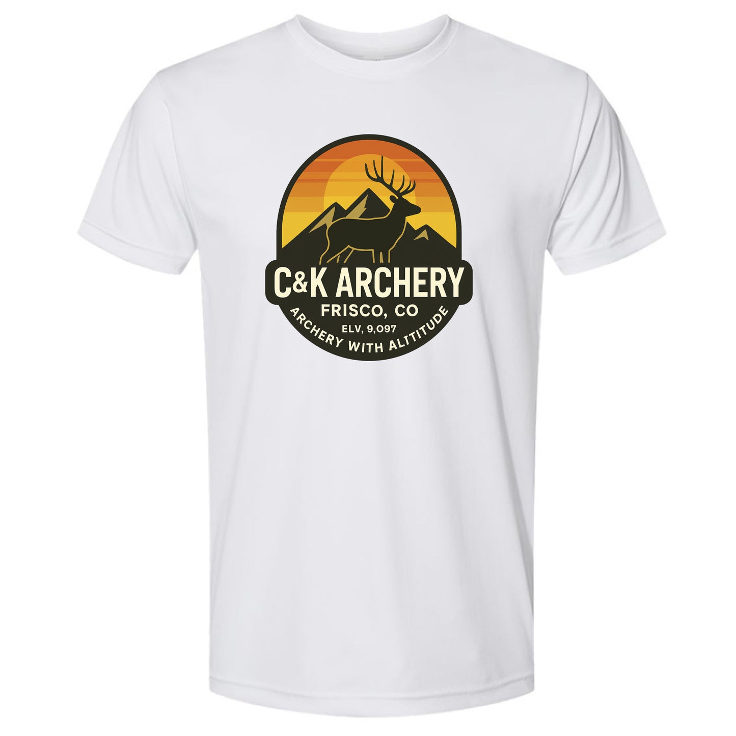 White elk archery t-shirt with C and K Archery logo featuring an elk and mountains in sunset colors