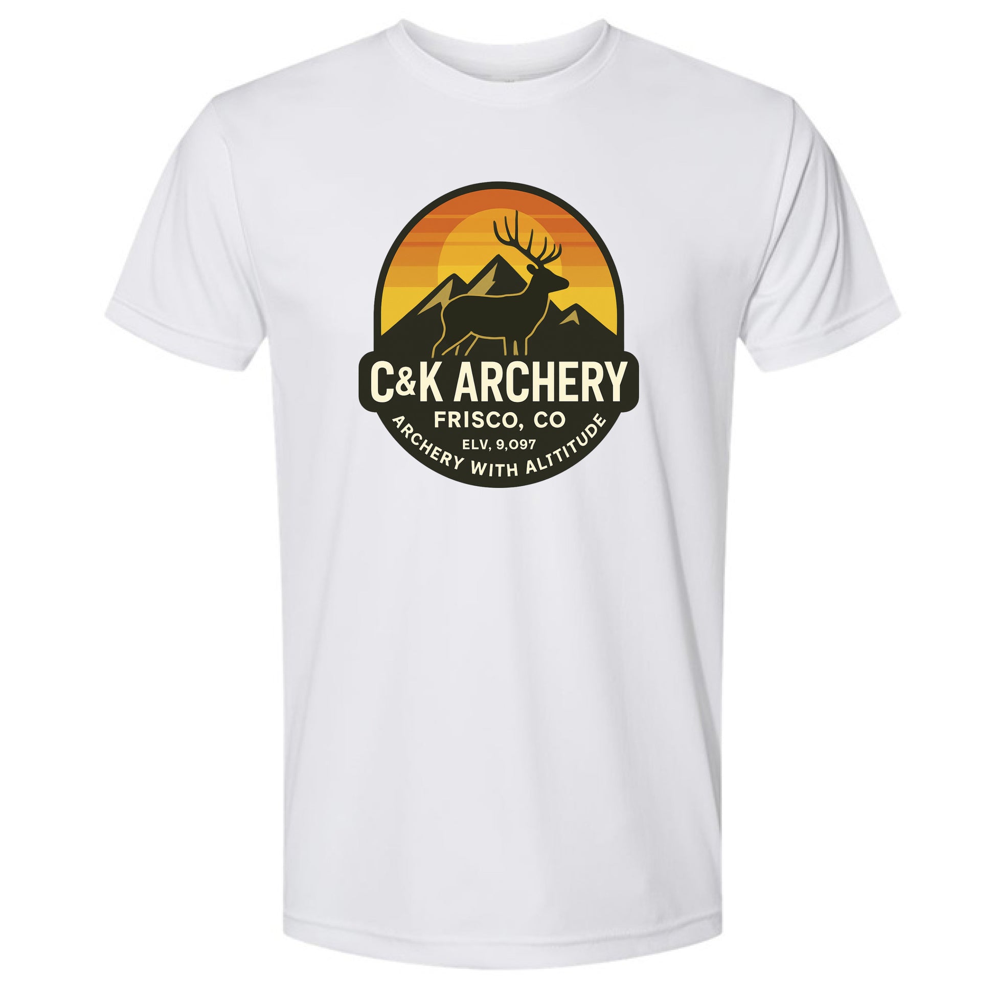 White elk archery t-shirt with C and K Archery logo featuring an elk and mountains in sunset colors